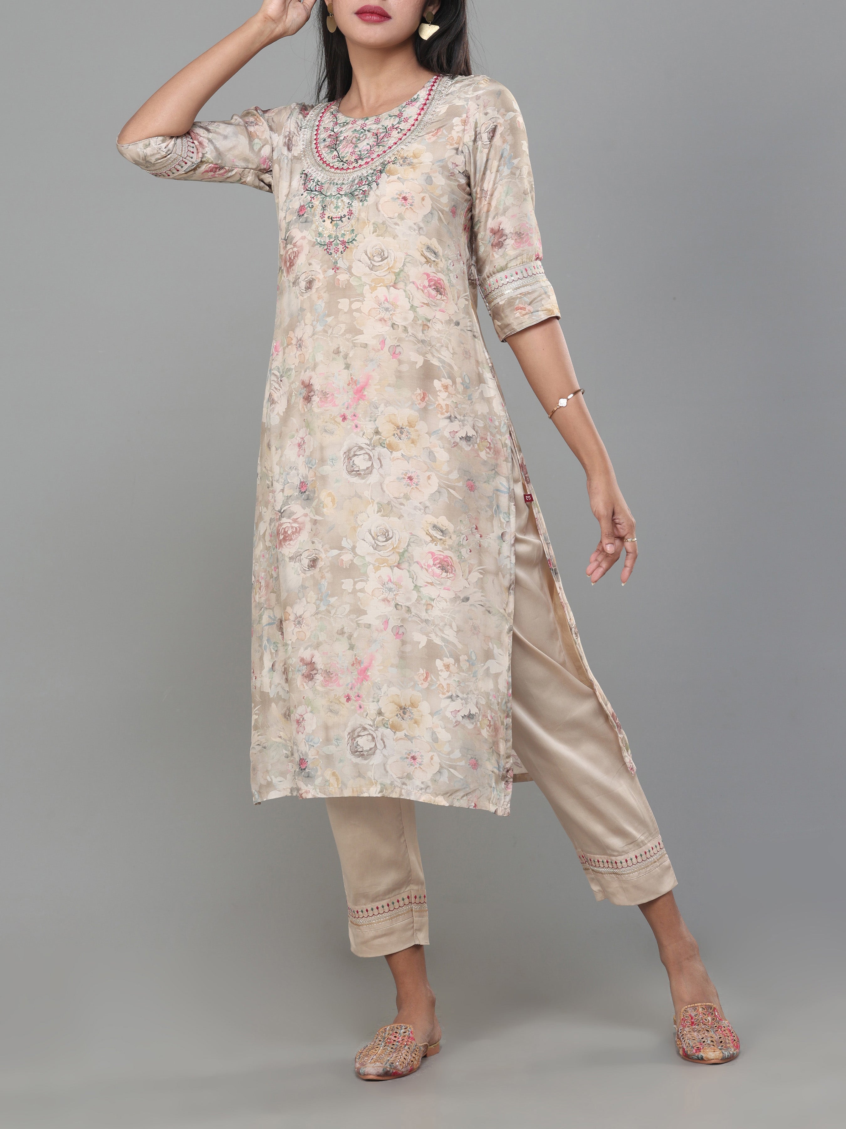 Multi Colour Muslin Printed Kurti With Sequins Work and Matching Bottom