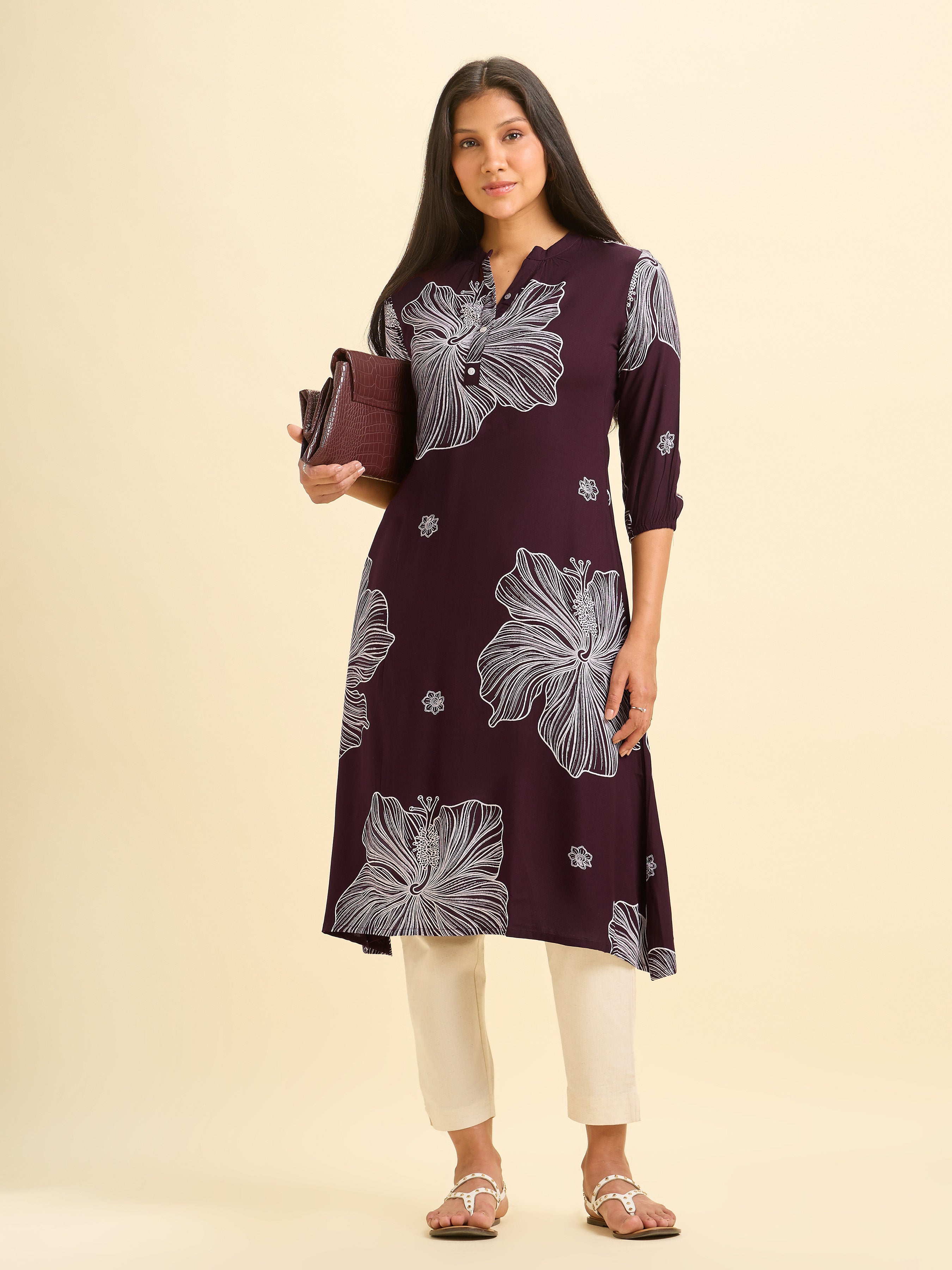 Wine Red And White Viscose Printed Flared Kurti