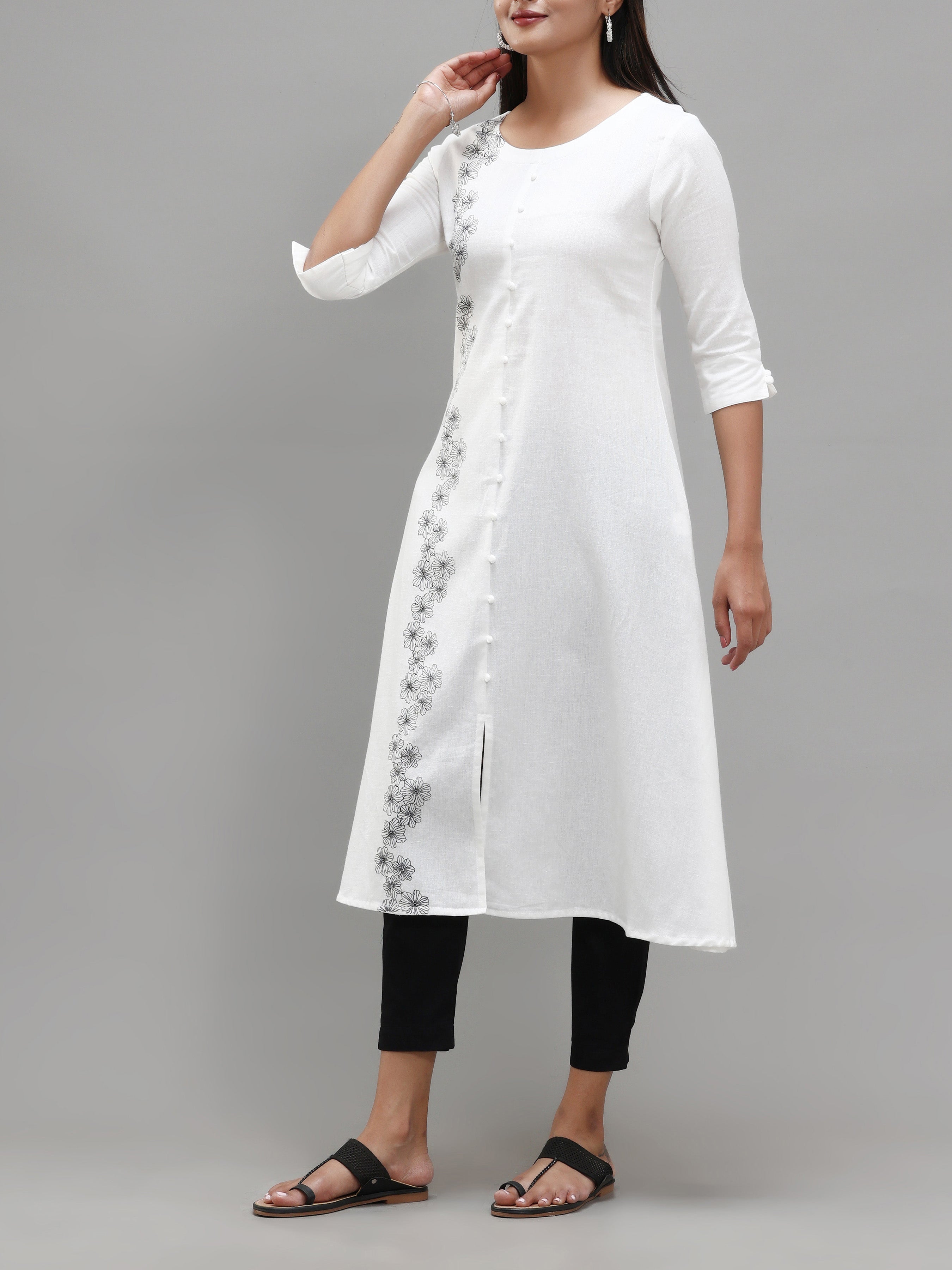 White Cotton Flax Printed Kurti With Center Cut