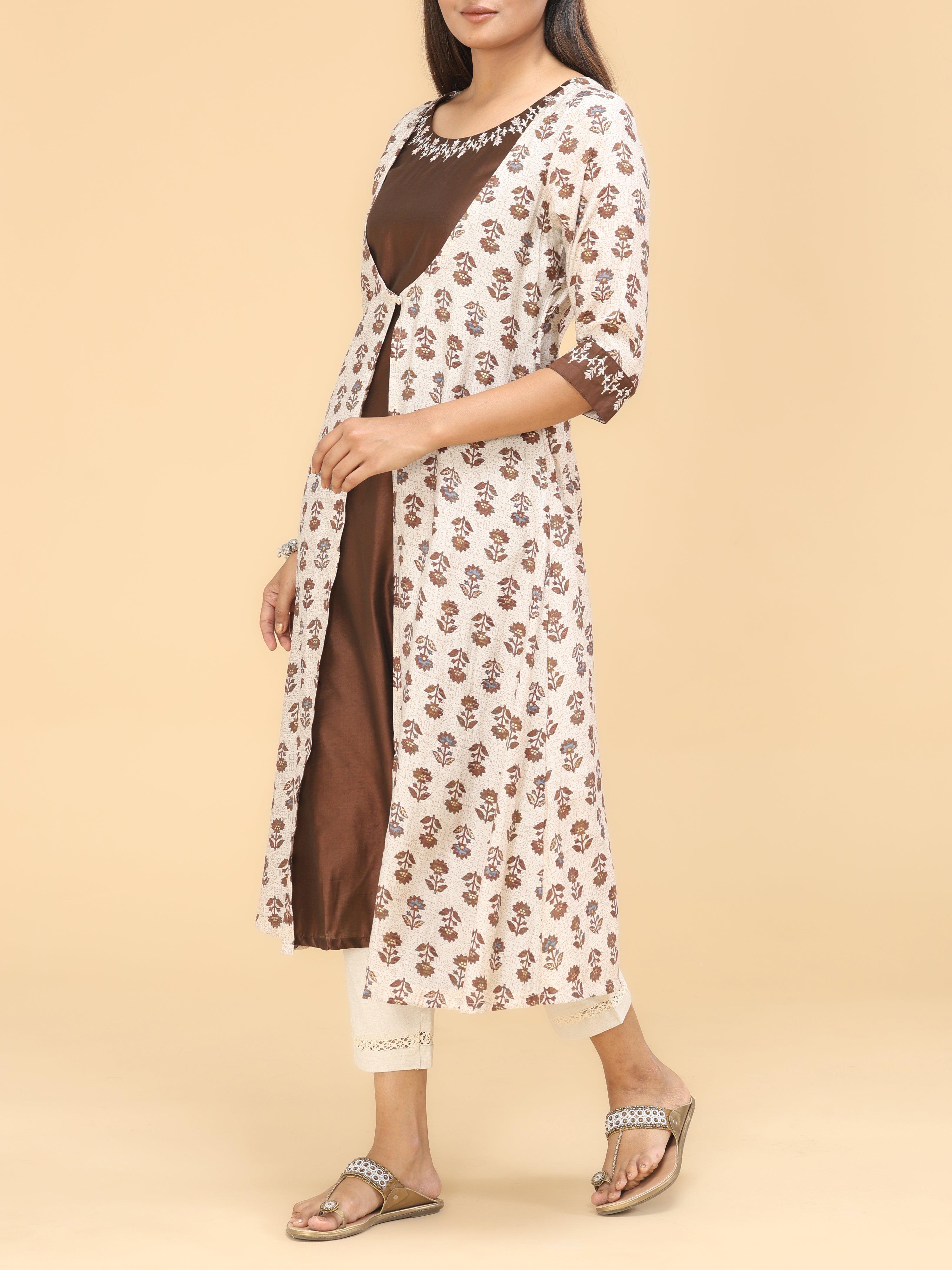Brown Modal Chanderi Kurti With Print