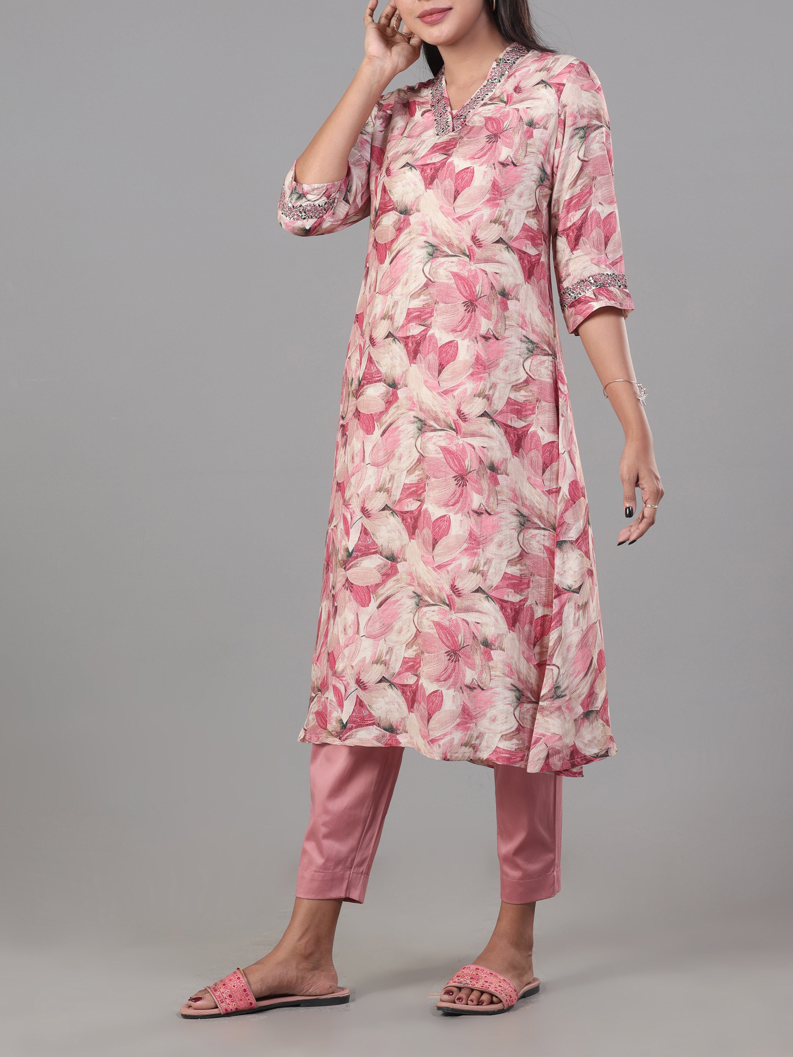 Multi Colour Muslin Printed Kurti With Embroidery And Matching Bottom