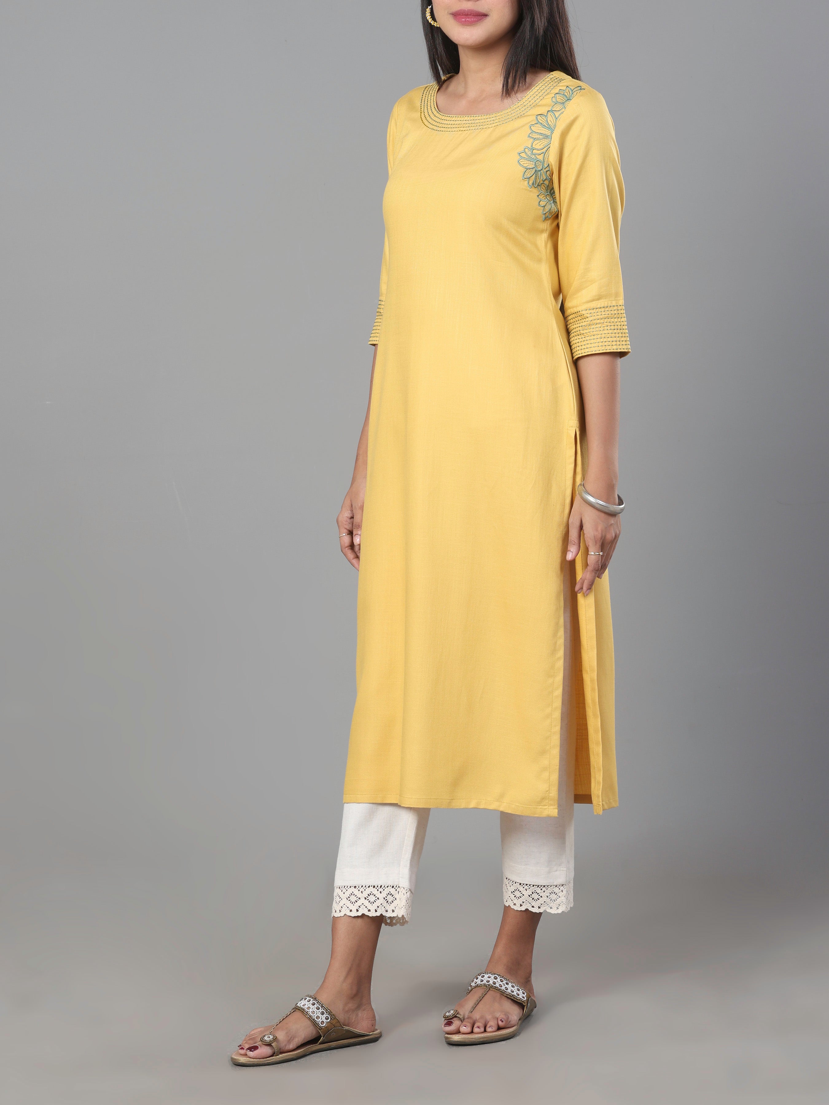 Yellow Viscose Twill Kurti With Embroidery