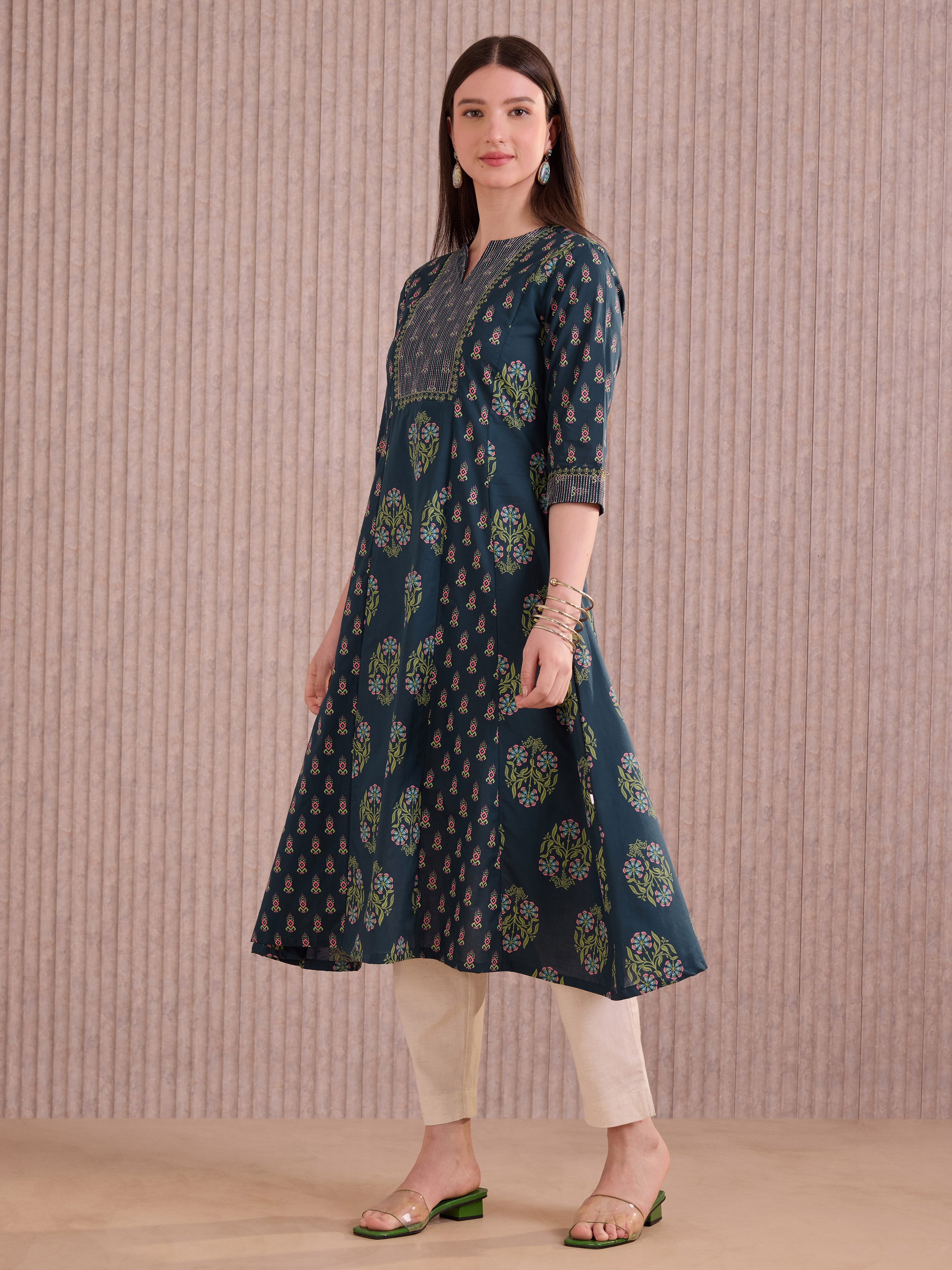 Navy Blue Cotton Printed Flared Kali Cut Kurti With Embroidery