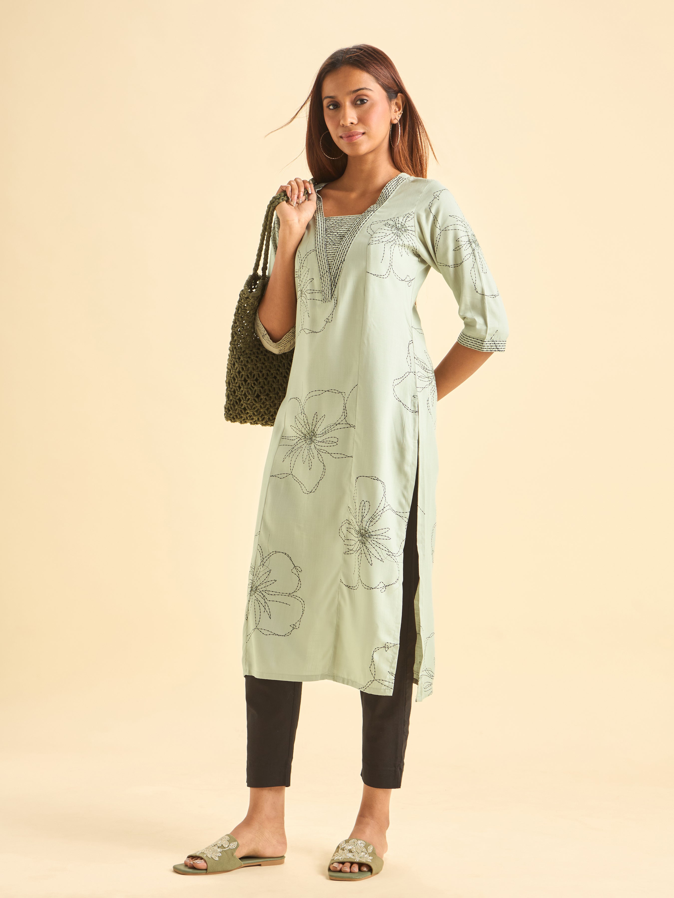 Pastel Green and Black Viscose Printed Flared Kurti With Embroidery