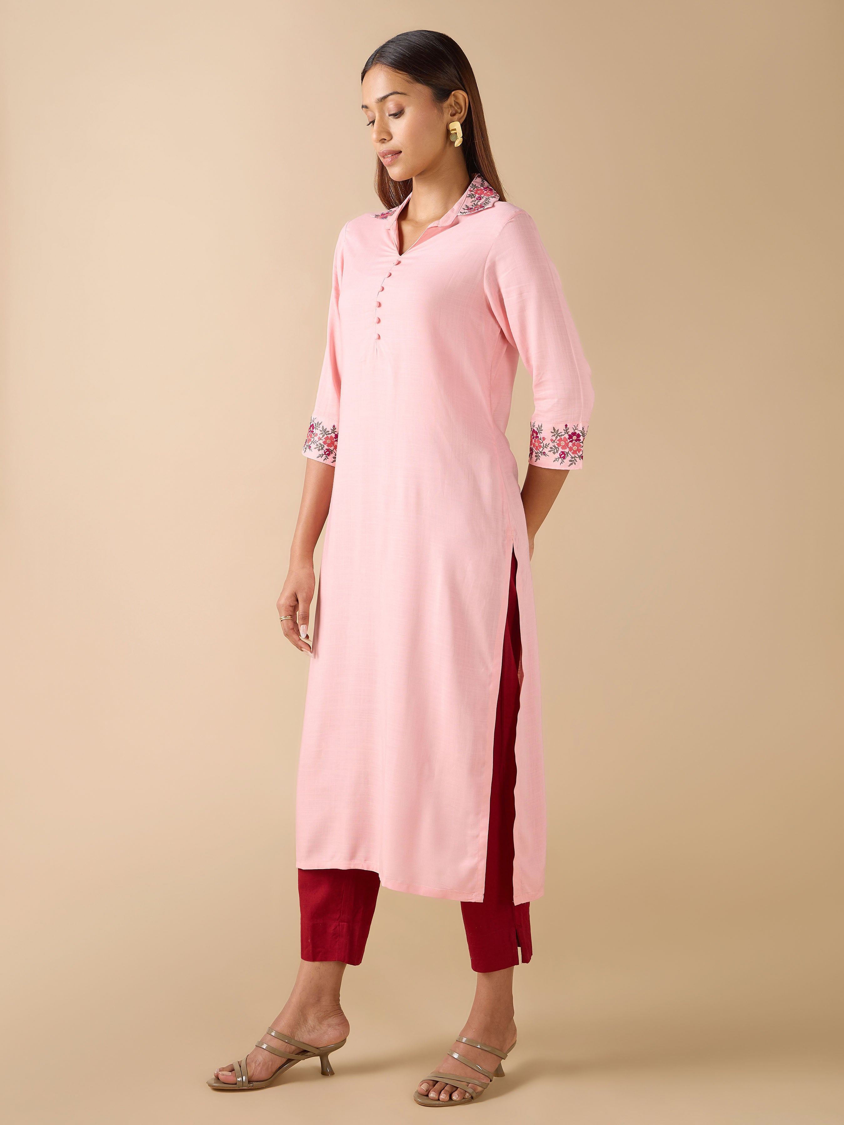 Baby Pink Viscose Slub Kurti With Cross Stitch Embroidery
