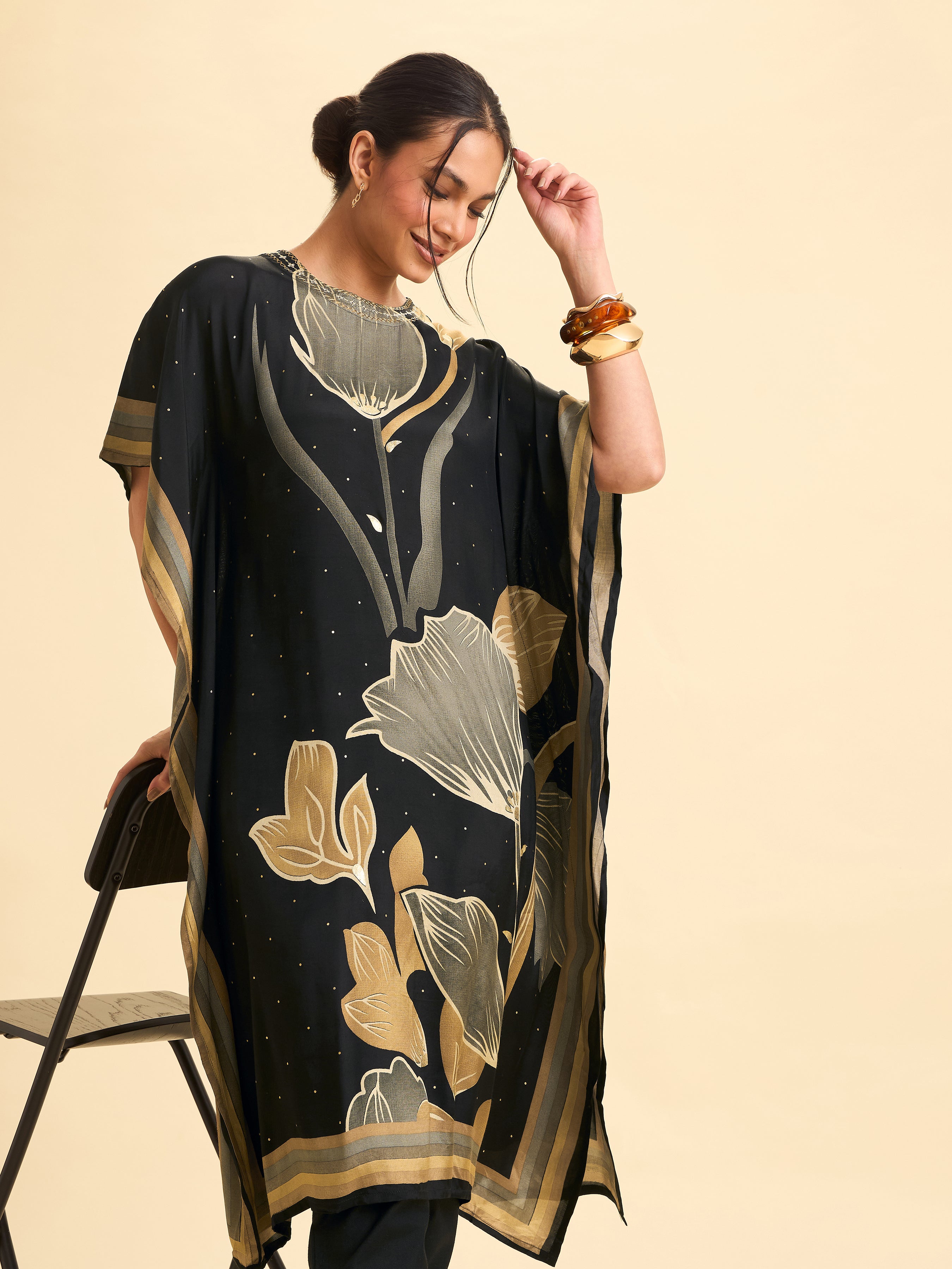 Black Modal Satin Printed Kaftan Kurti With Sequins Embroidery