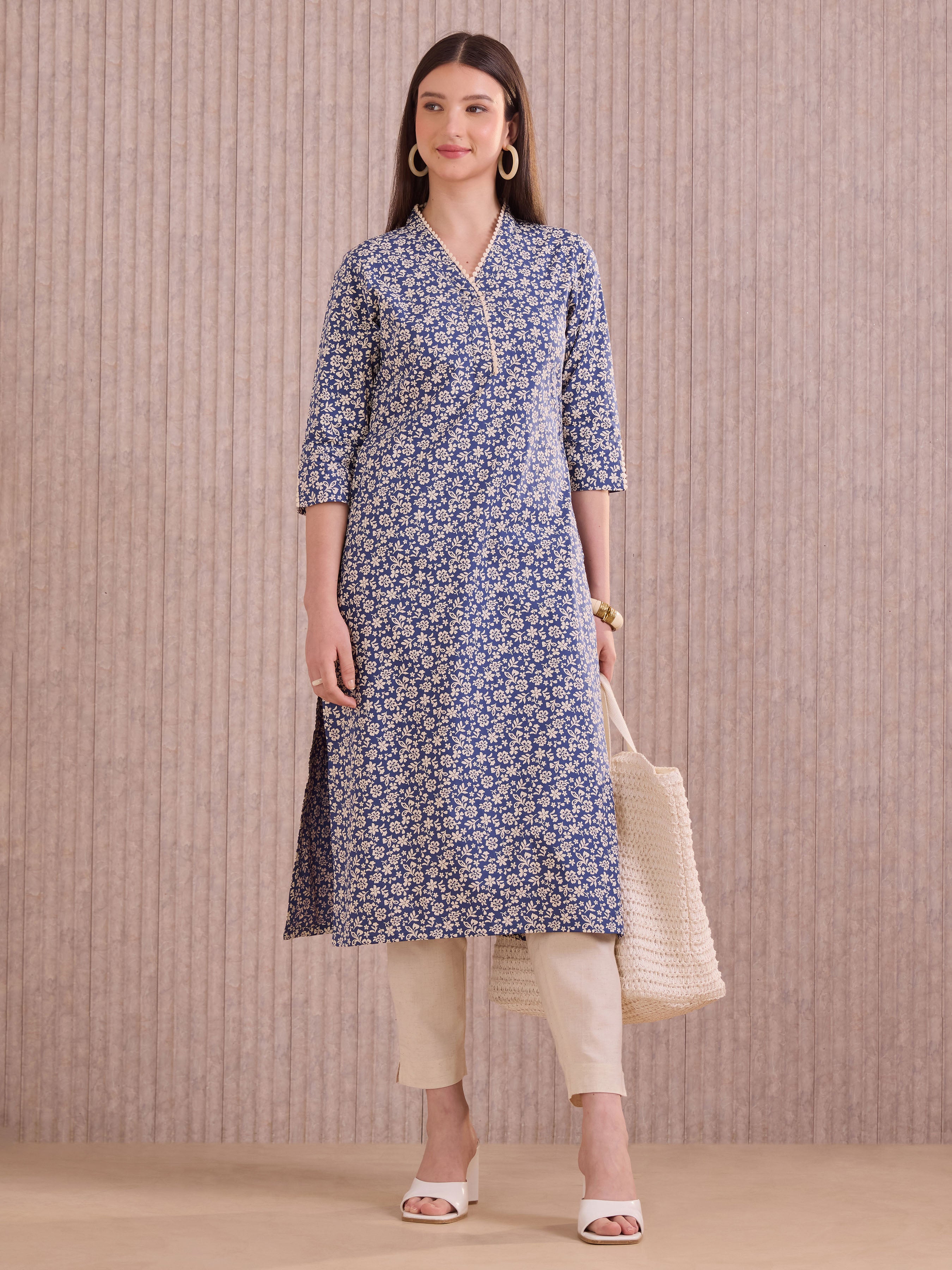 Blue Colour Pure Cotton Printed Kurti With Lace