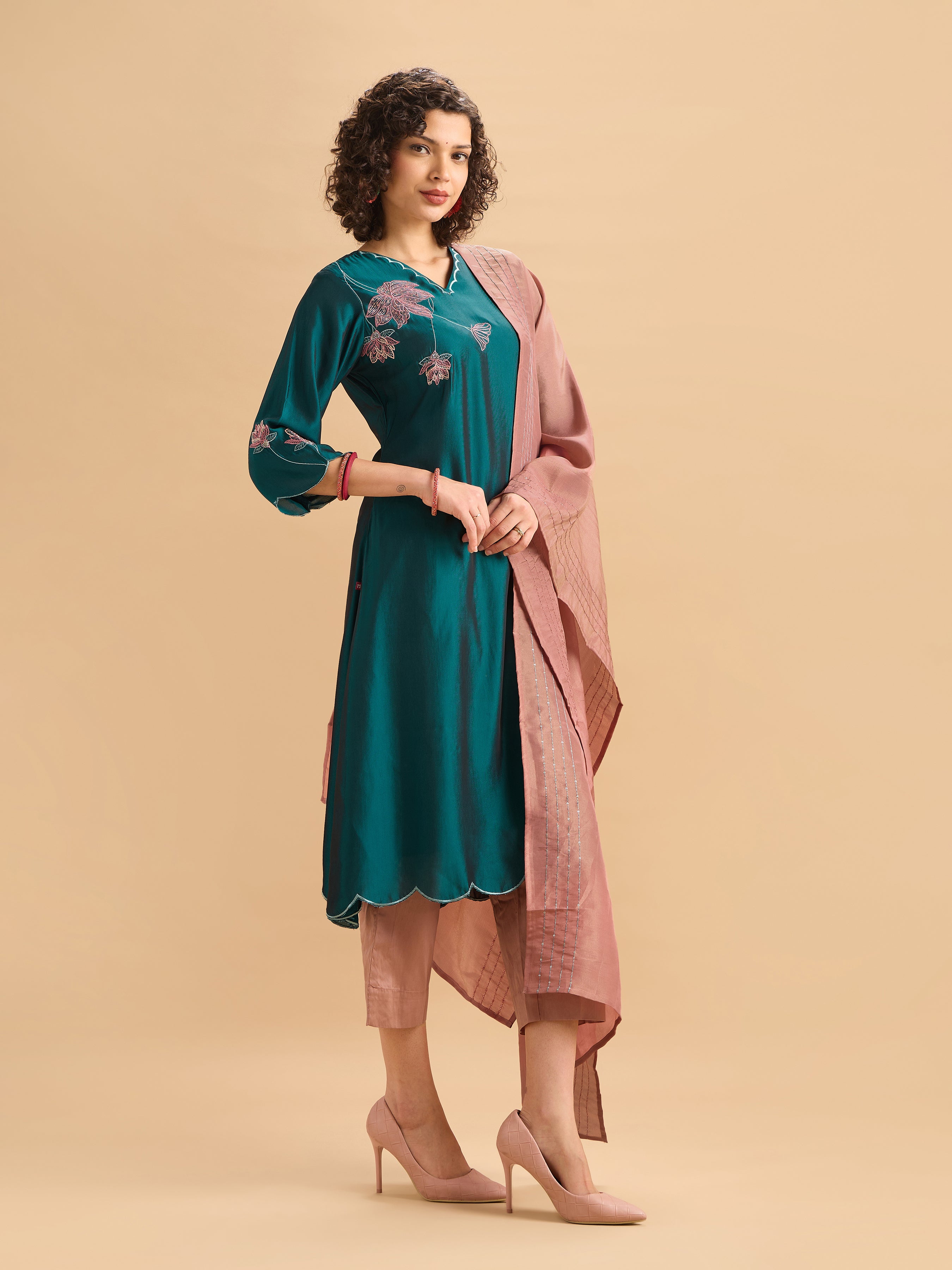 Teal Viscose Blend Kurti Set With Dupatta & Sequins Embroidery