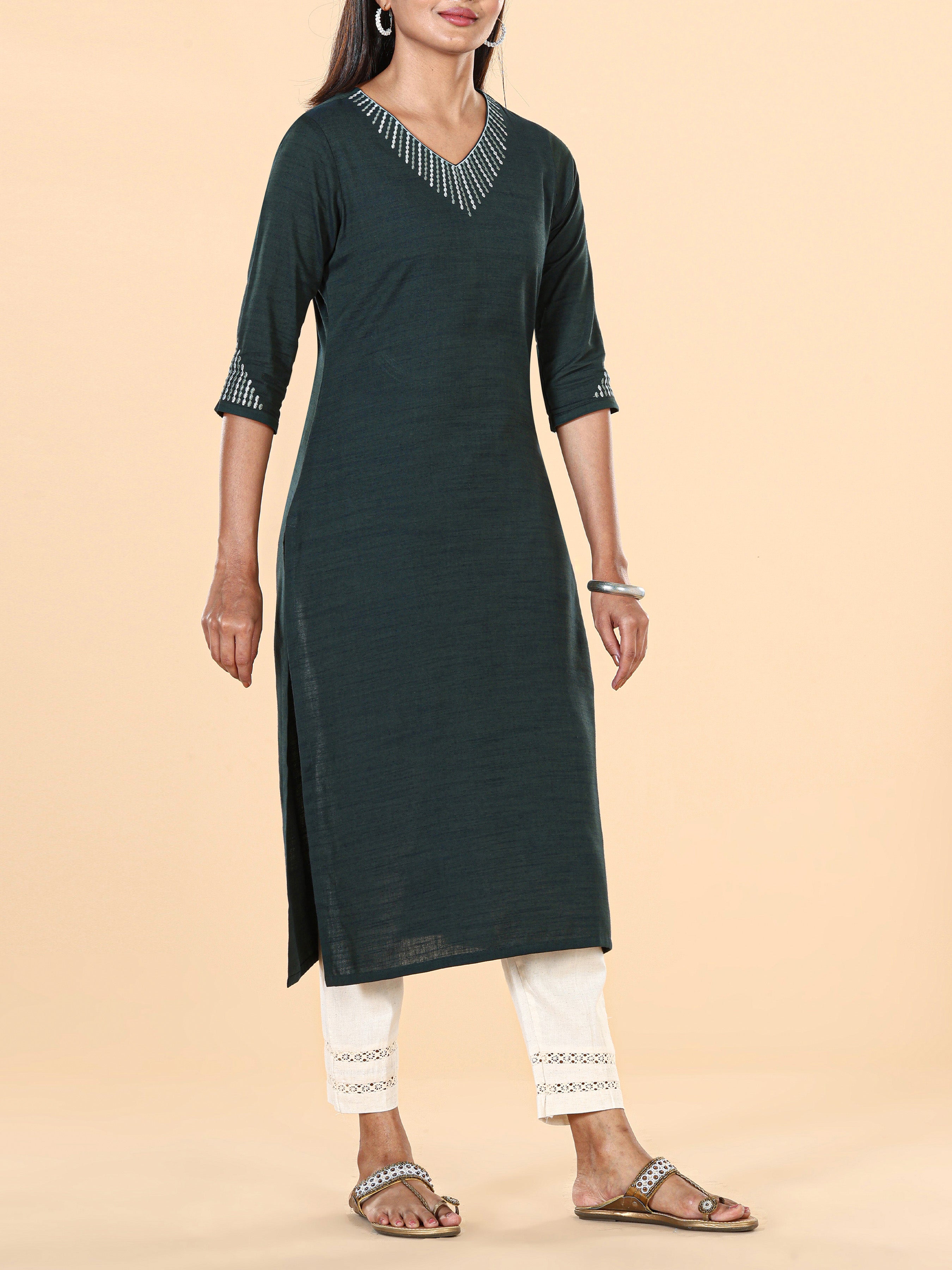 Teal Blue Viscose Cotton Kurti With Embroidery