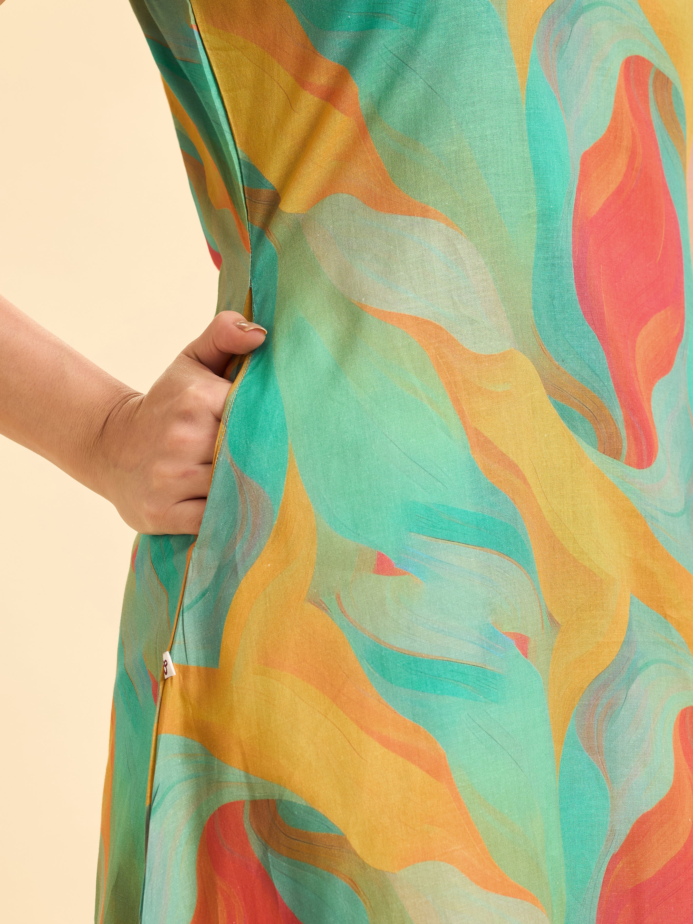 Women Wearing Multi Colour Pure Cotton Printed Flared Kurti Set With Tank -Style Sleeve Less