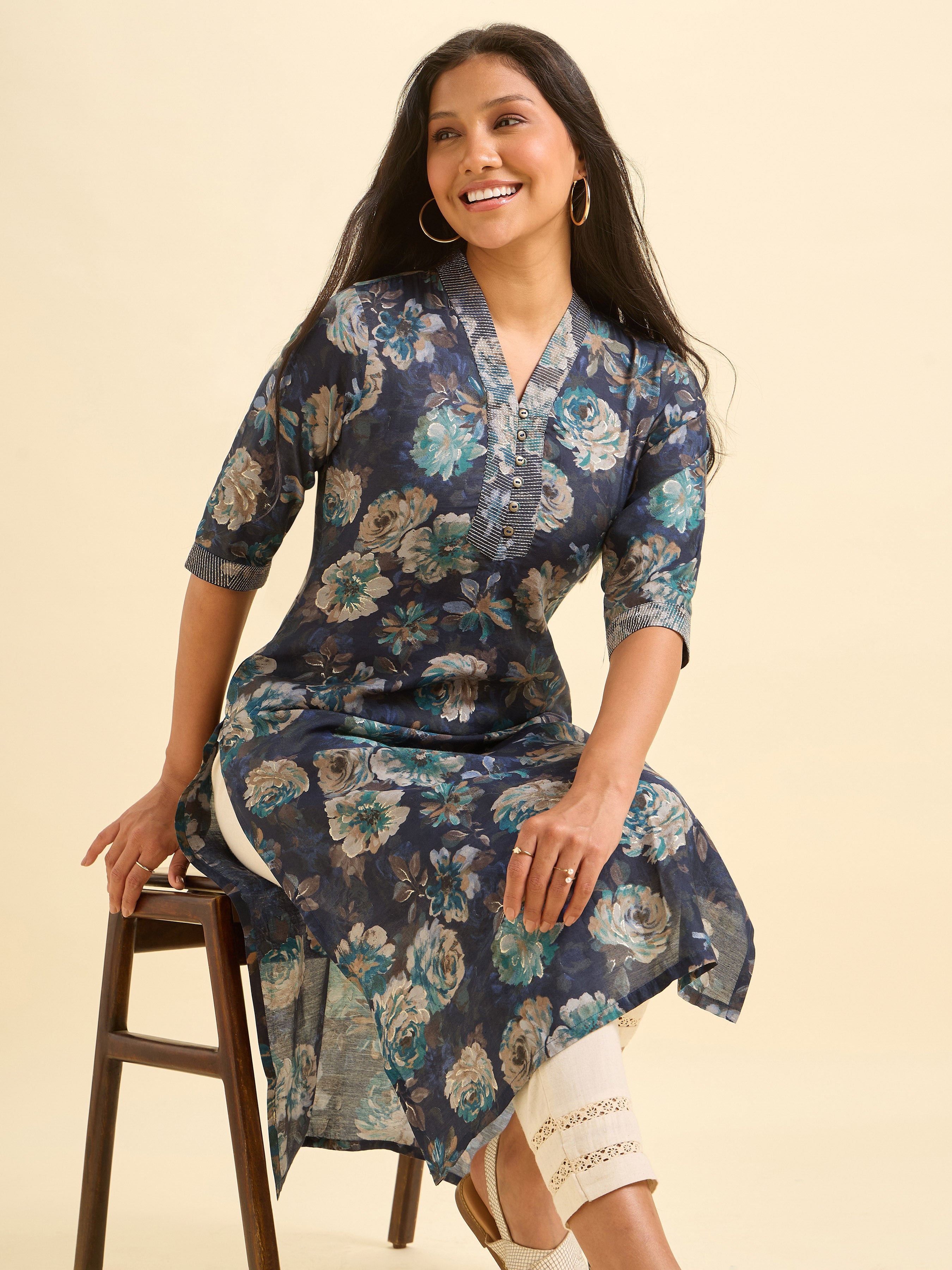 Navy Blue Modal Chanderi Printed Slited Kurti With Embroidery