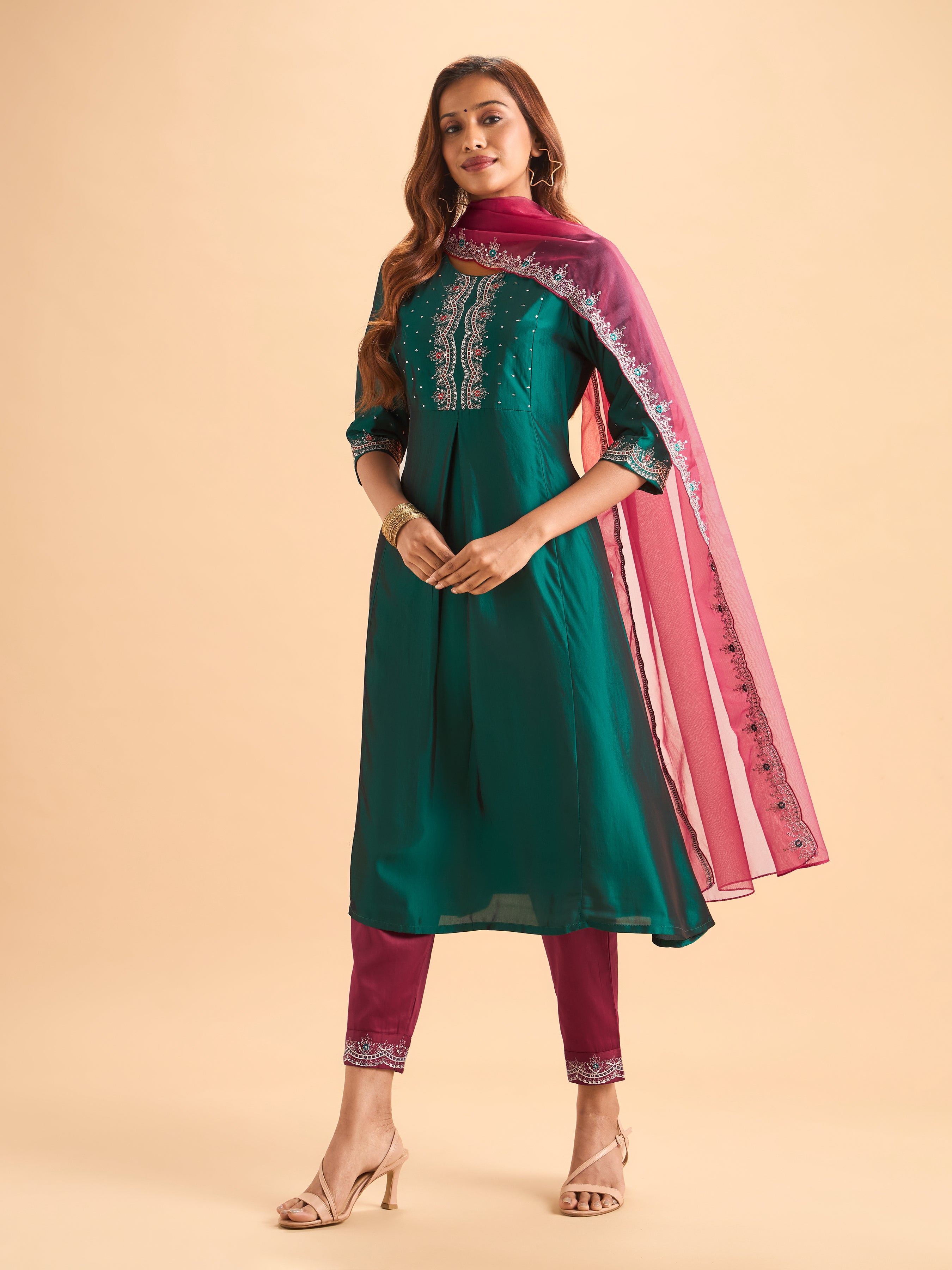 Teal Green Viscose Blend Kurti Set With Dupatta & Sequins Embroidery