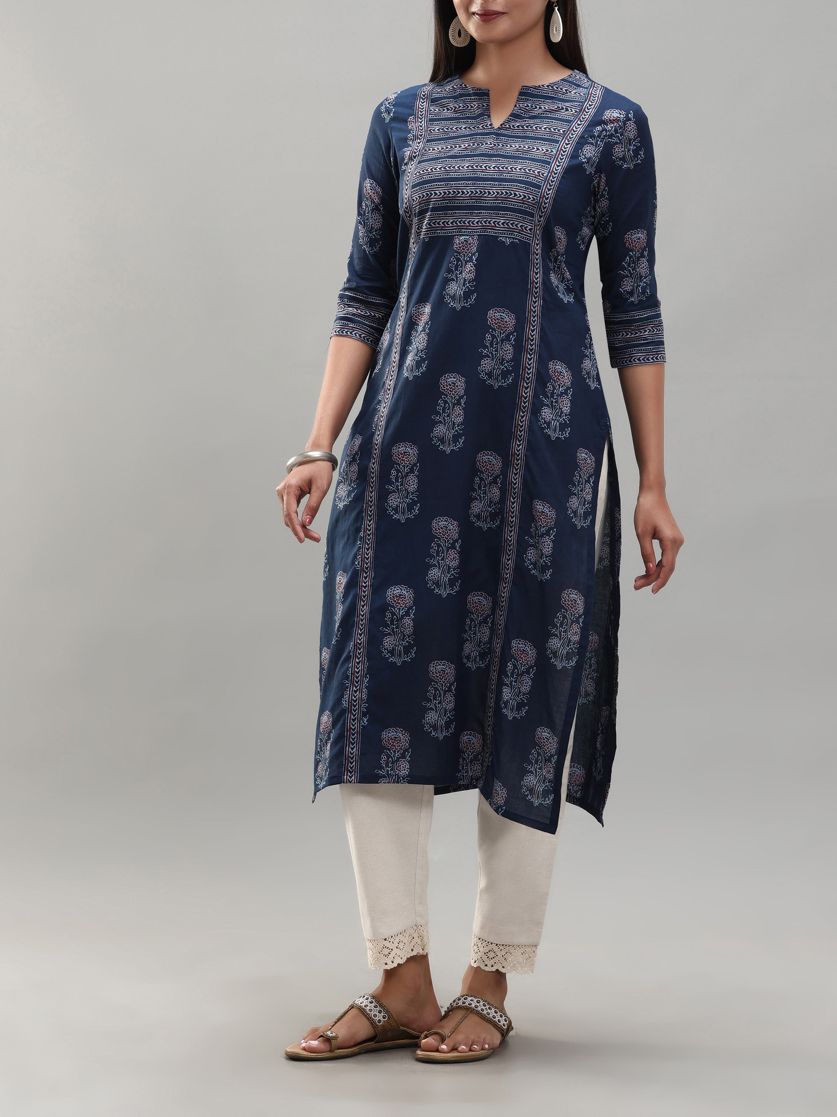 Navy Blue Pure Cotton Kurti With Print
