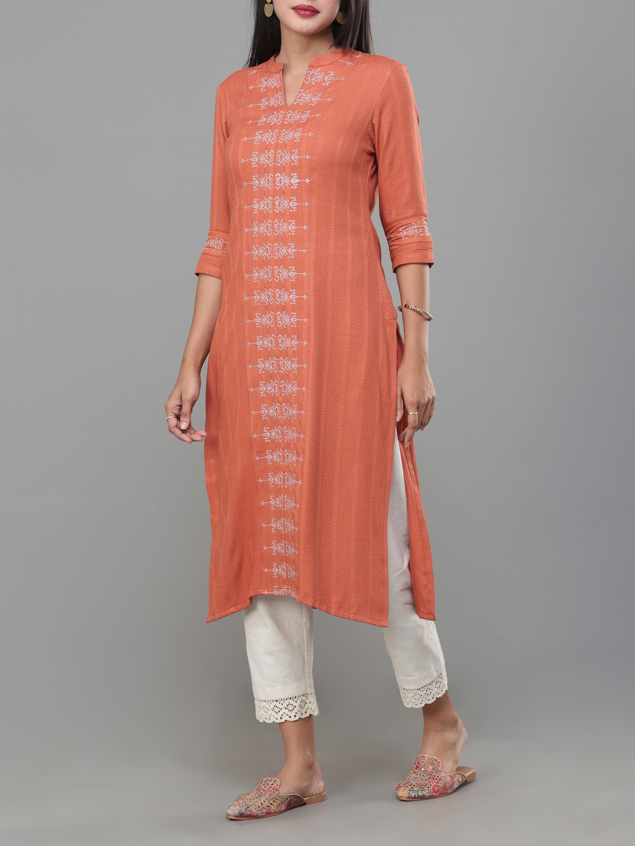 Rust Orange Viscos Jaquard Kurti With Embroidery