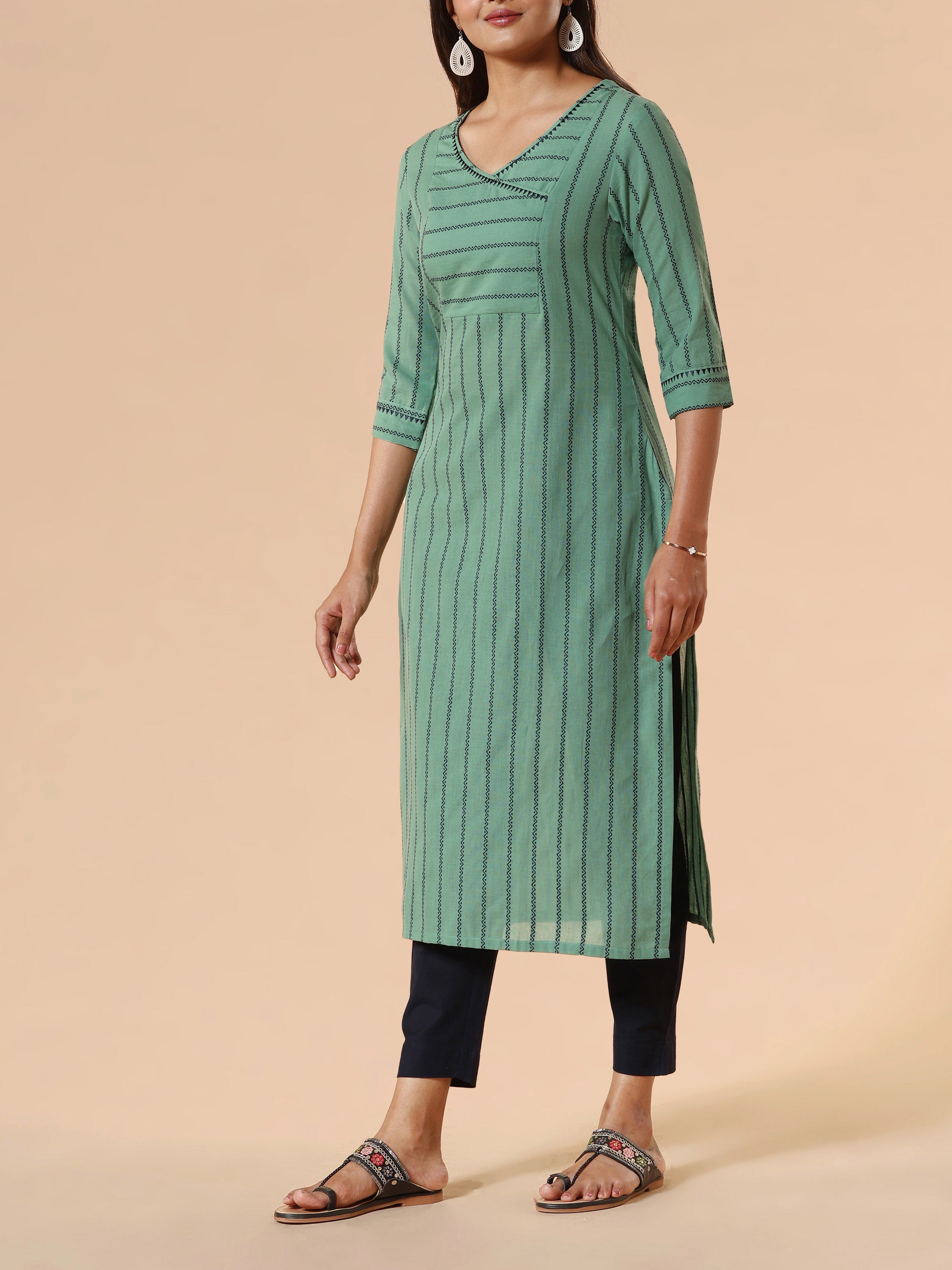 Mint Green Cotton Dobby Kurti With Embroidery