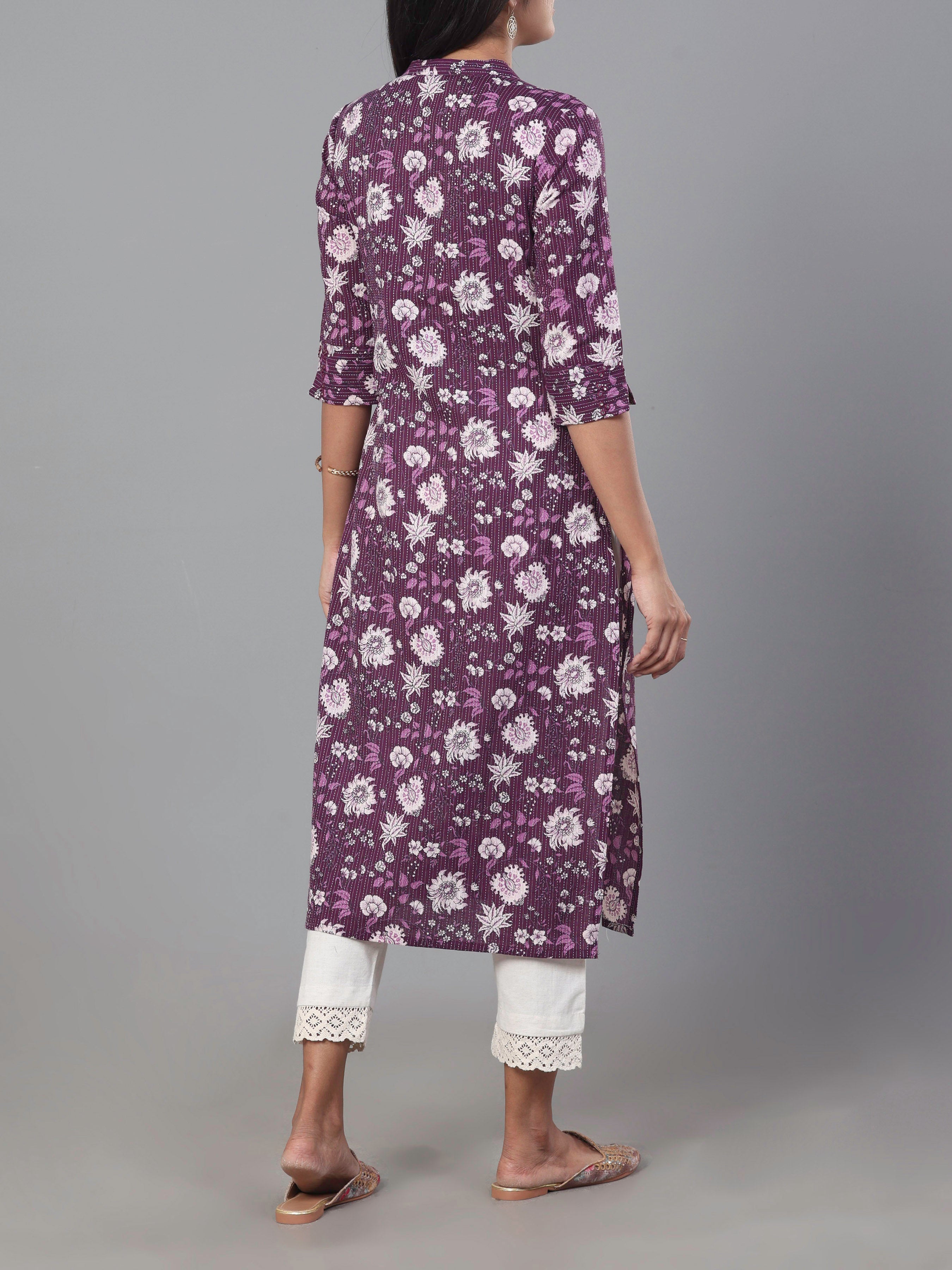 Purple Pure Cotton Printed Kurti With Embroidery