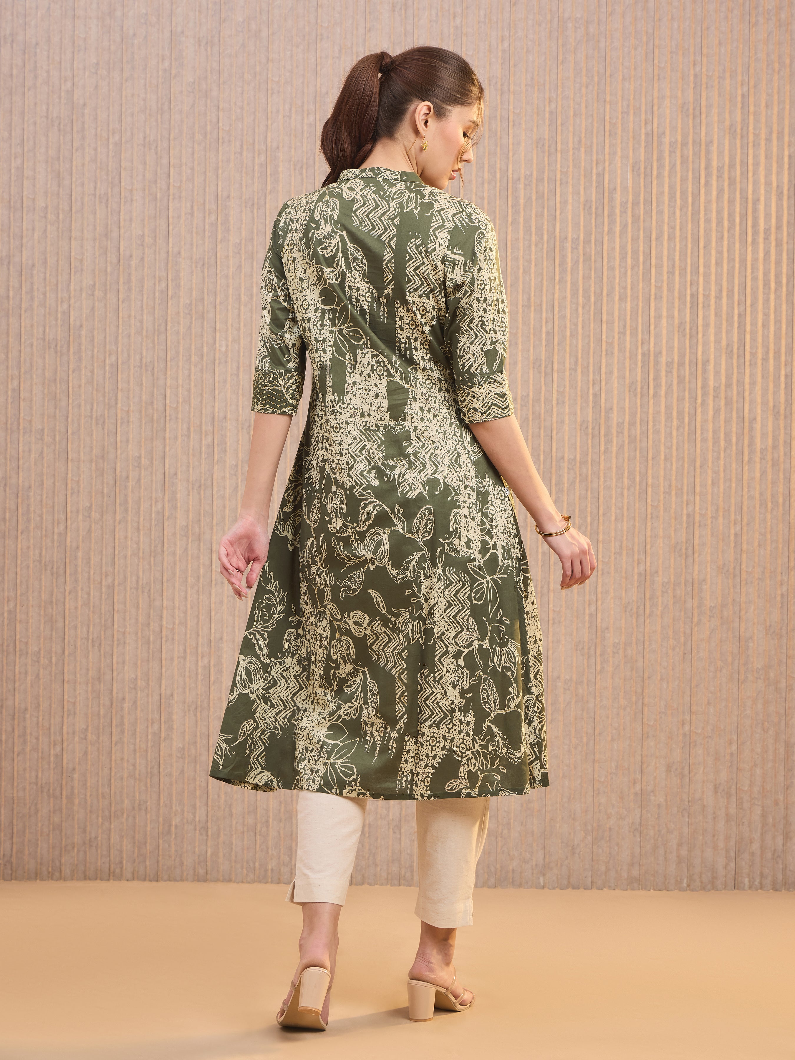 Olive Green Pure Cotton Foil Printed Kuti With Sequins Embroidery