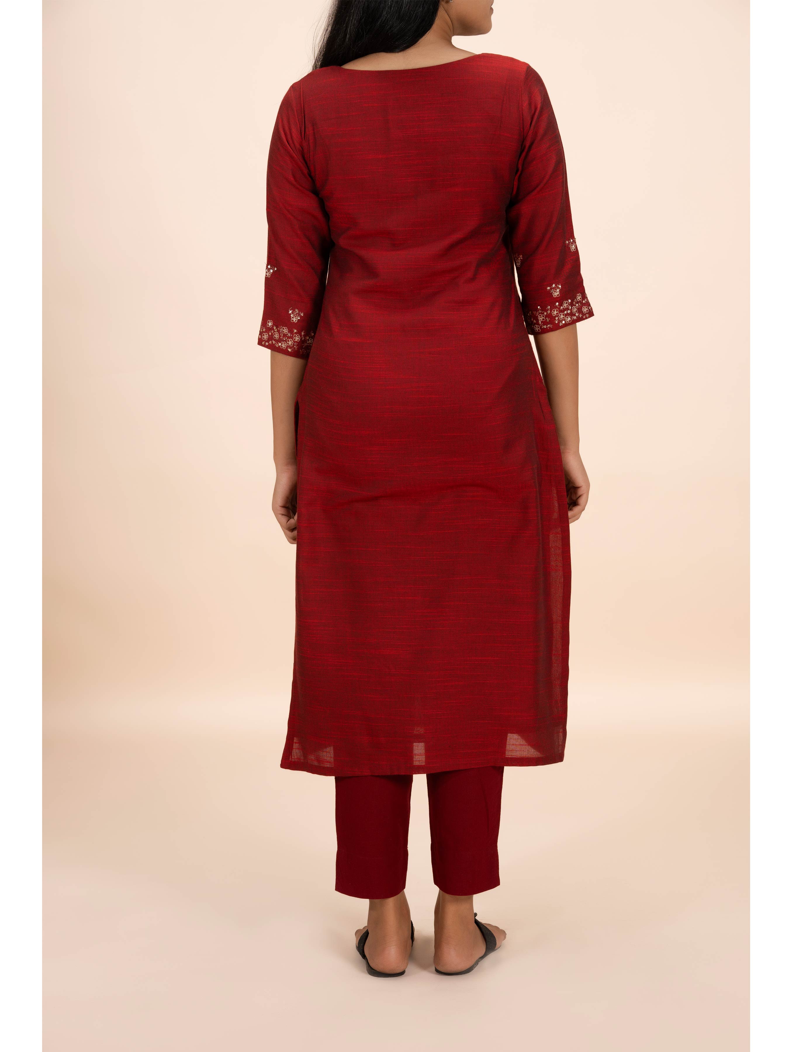 Red Cotton Viscose Kurti With Embroidery