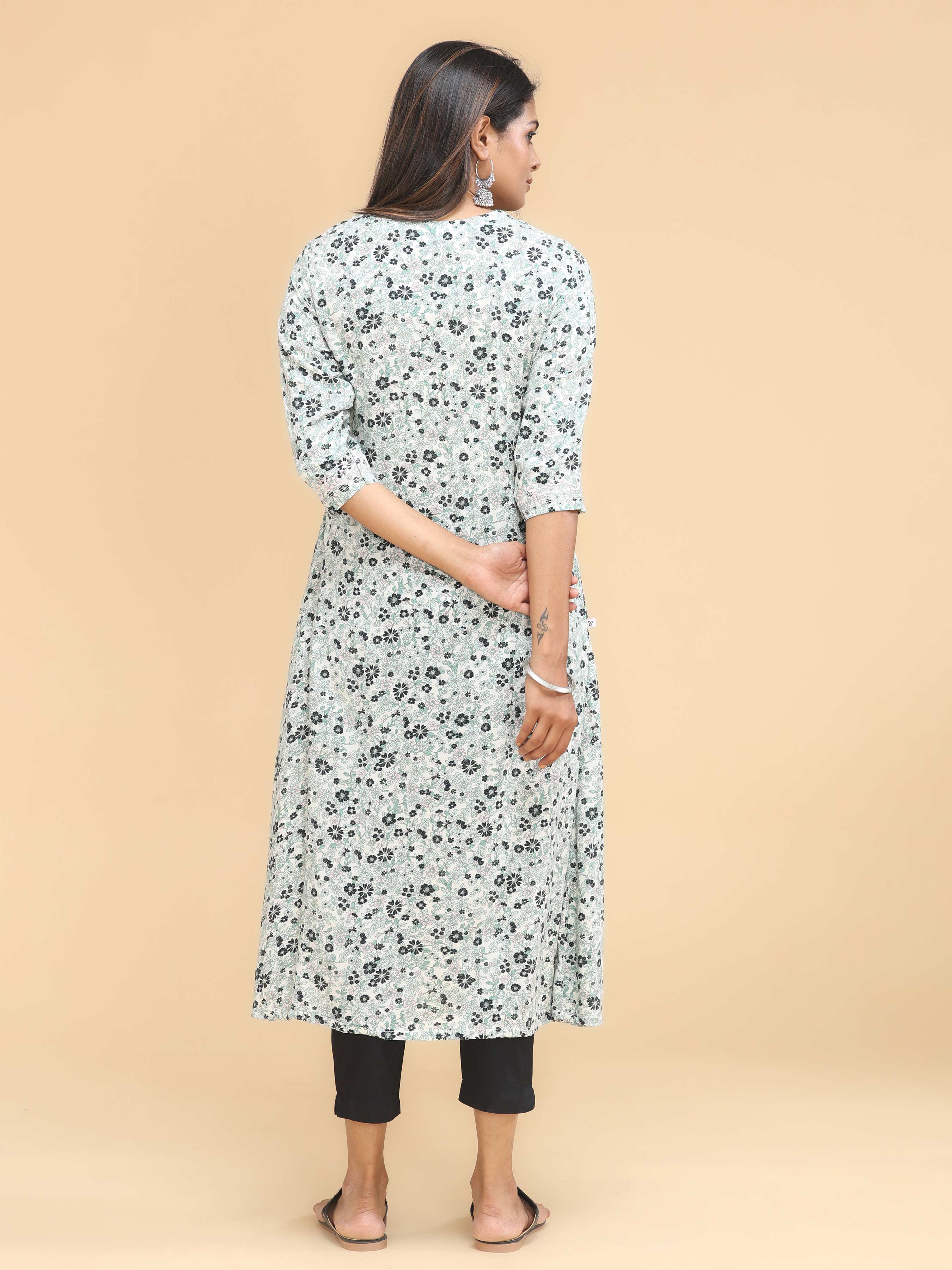 Multi-Colour Cotton Falx Floral Printed Princess Cut Kurti With Embroidery