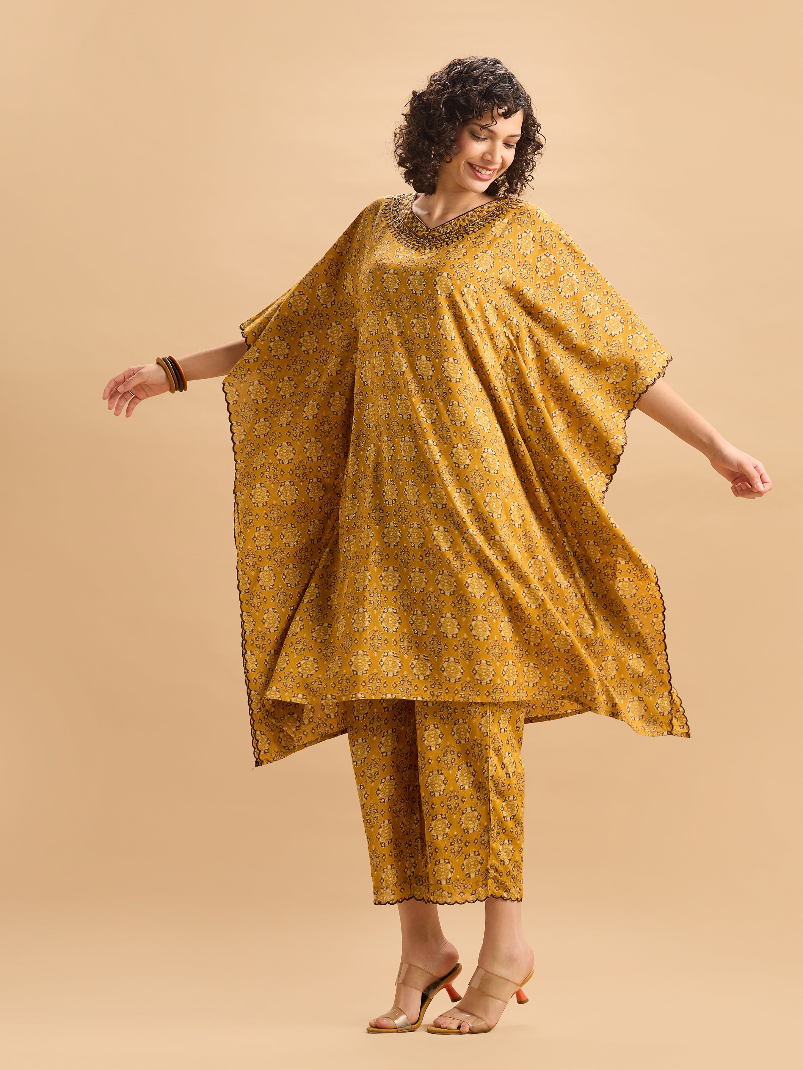 Women Wearing Mustard Yellow Viscose Printed Kaftan Set With Hand Work Embroidery