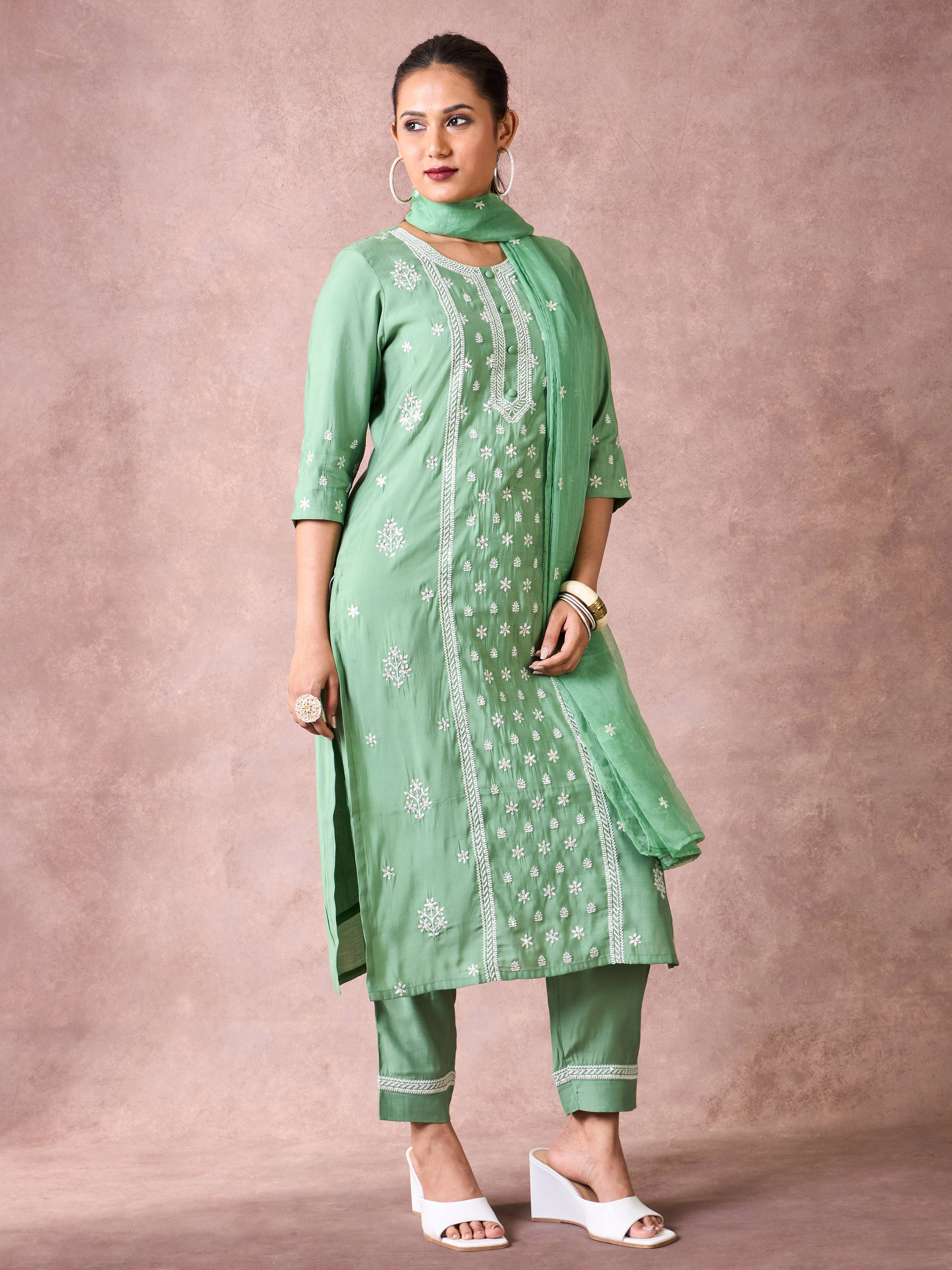 Mint Green Viscose Blend Kurti Set & Dupatta With Embroidery