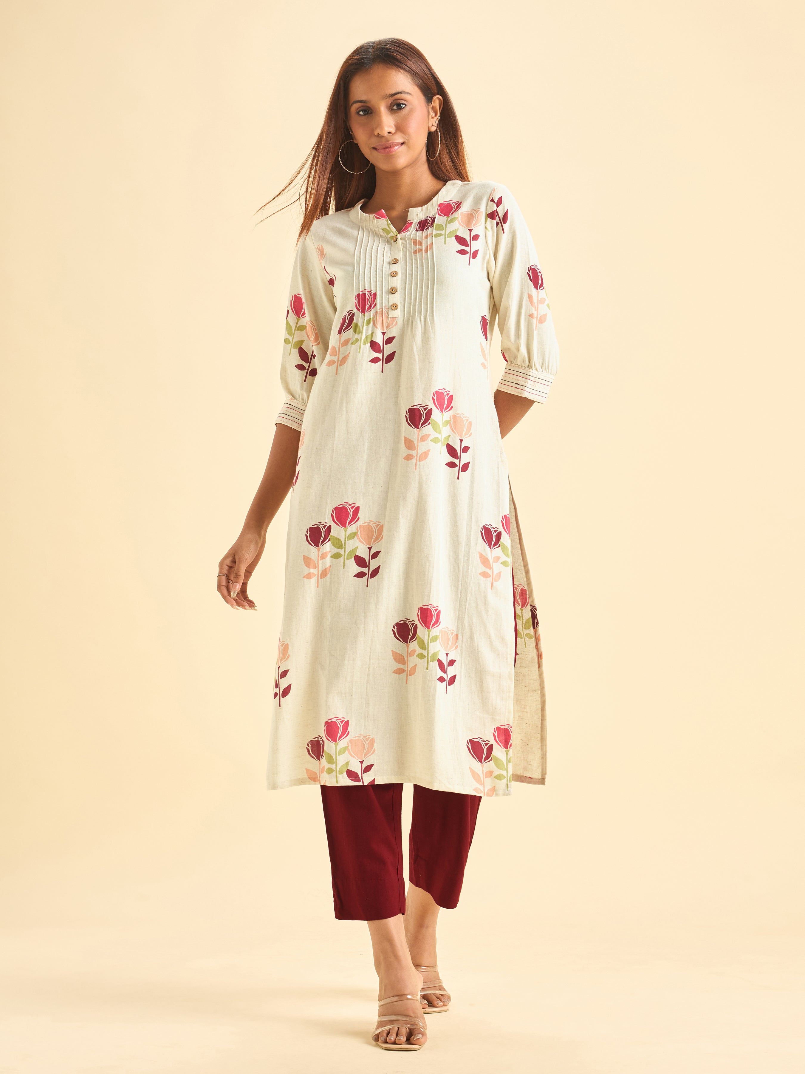 Multicolour Cotton Flax Printed Slited Kurti With Embroidery On Sleeves And Pintucks