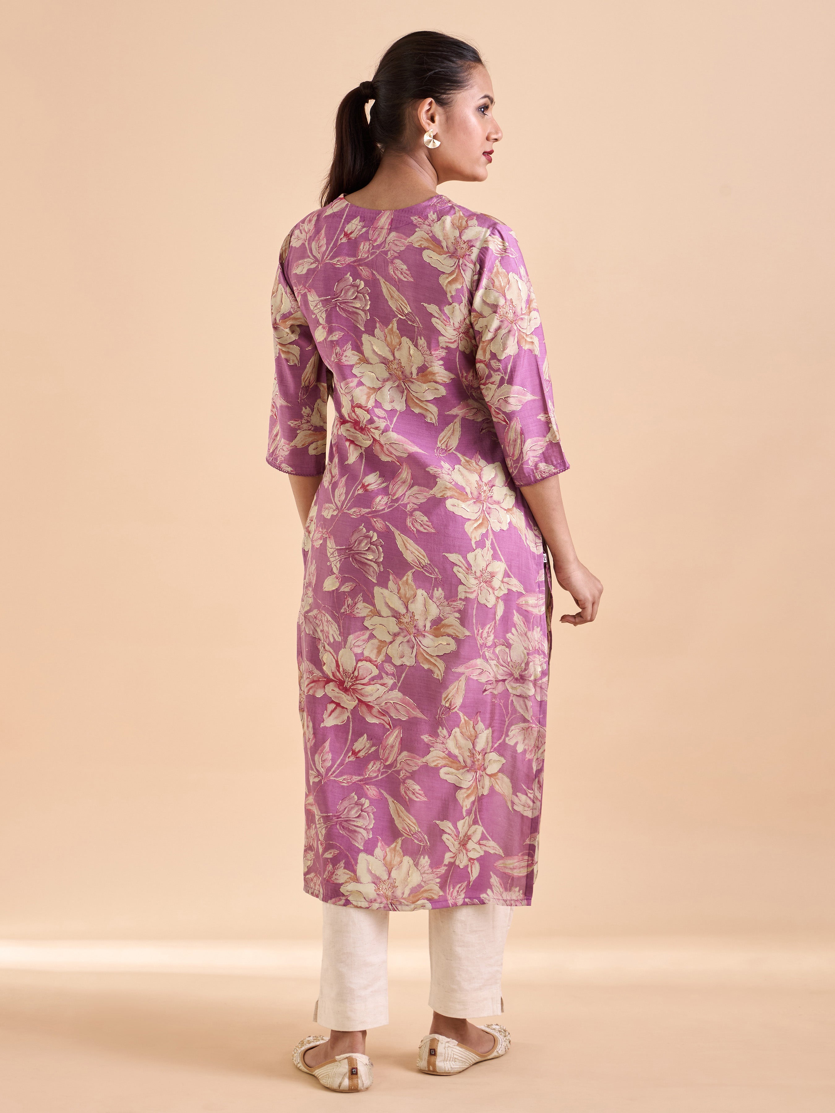 Onion Pink And Beige Modal Chanderi Printed Kurti With Seequins Work