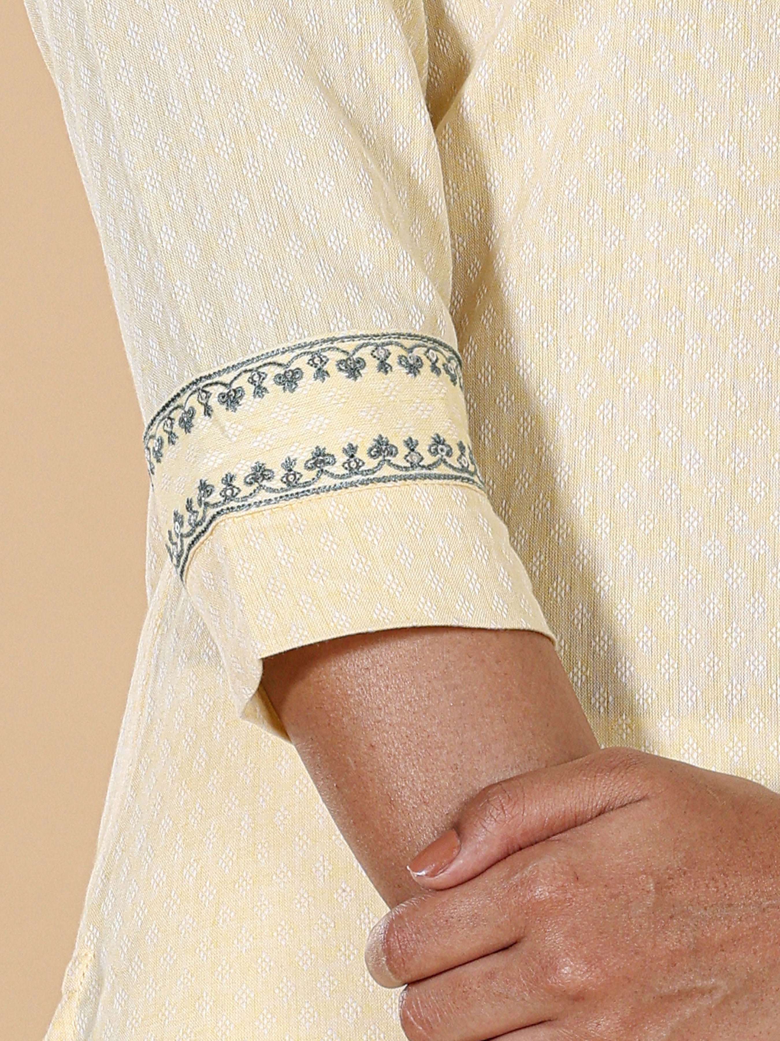 Pale Yellow Cotton Dobby Plain Kurti With Cording Embroidery
