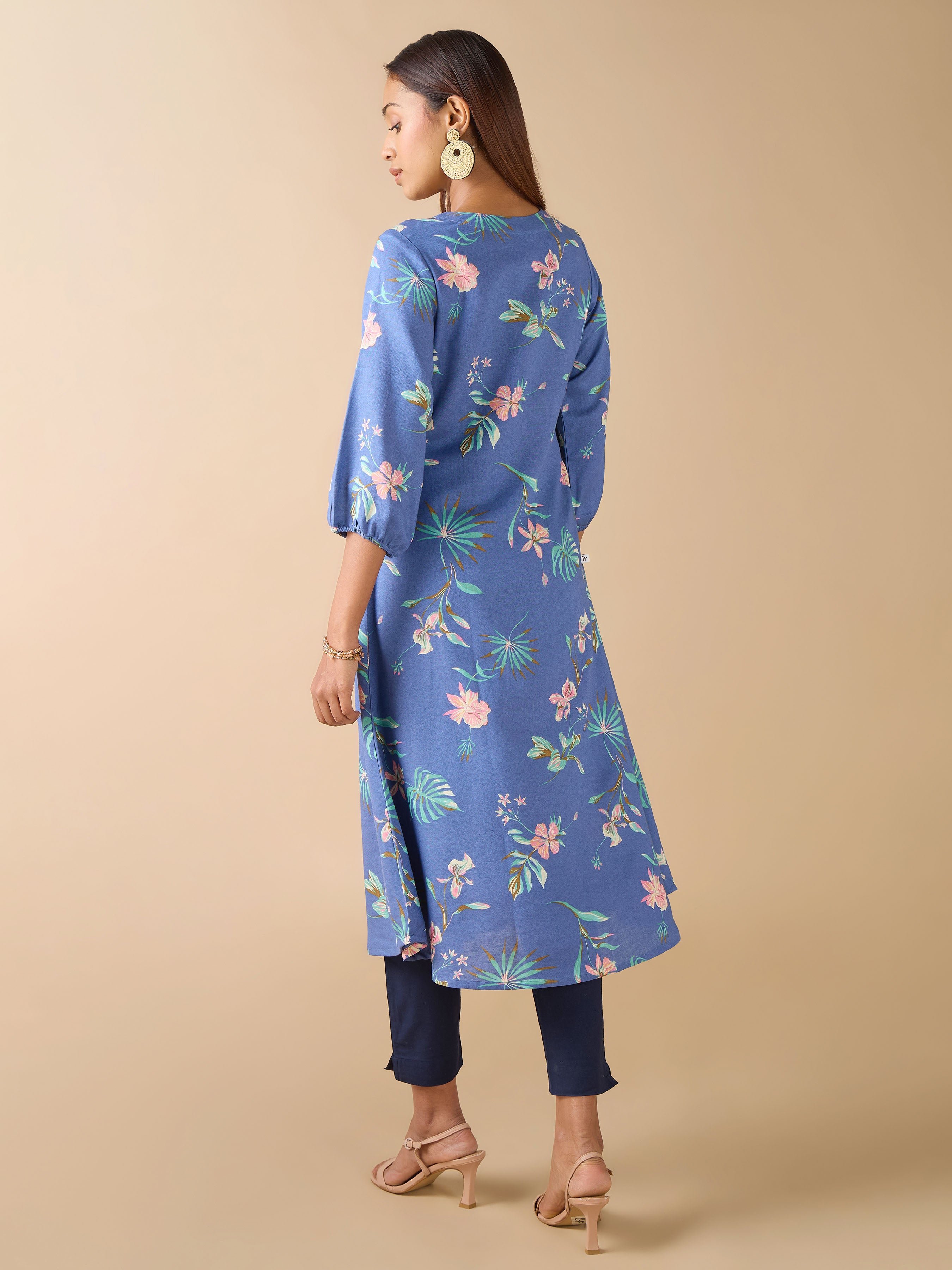 Blue Viscose Flax Kurti With Floral Print