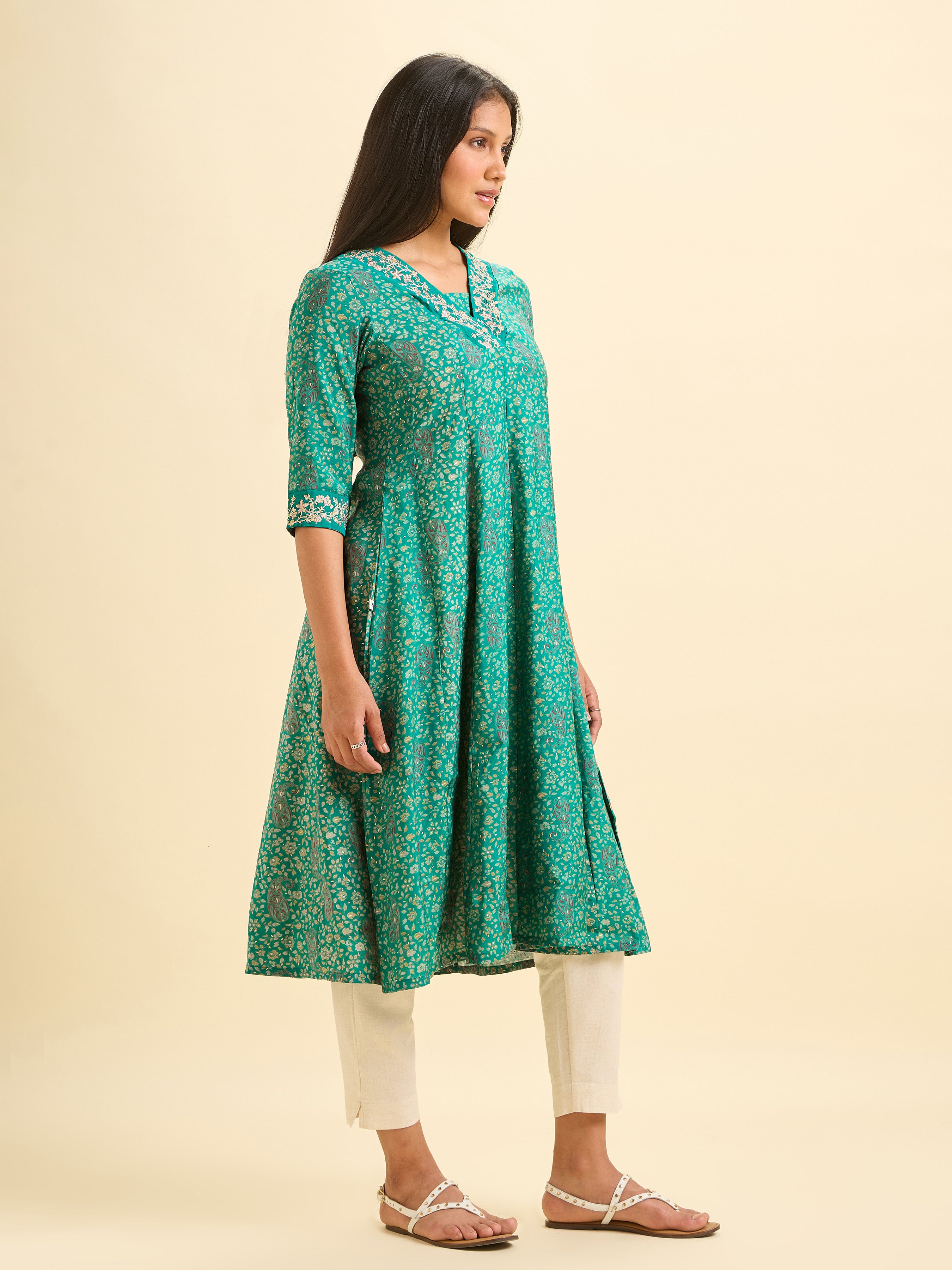 Rama Green Modal Chanderi Kali Cut Printed Kurti With Embroidery