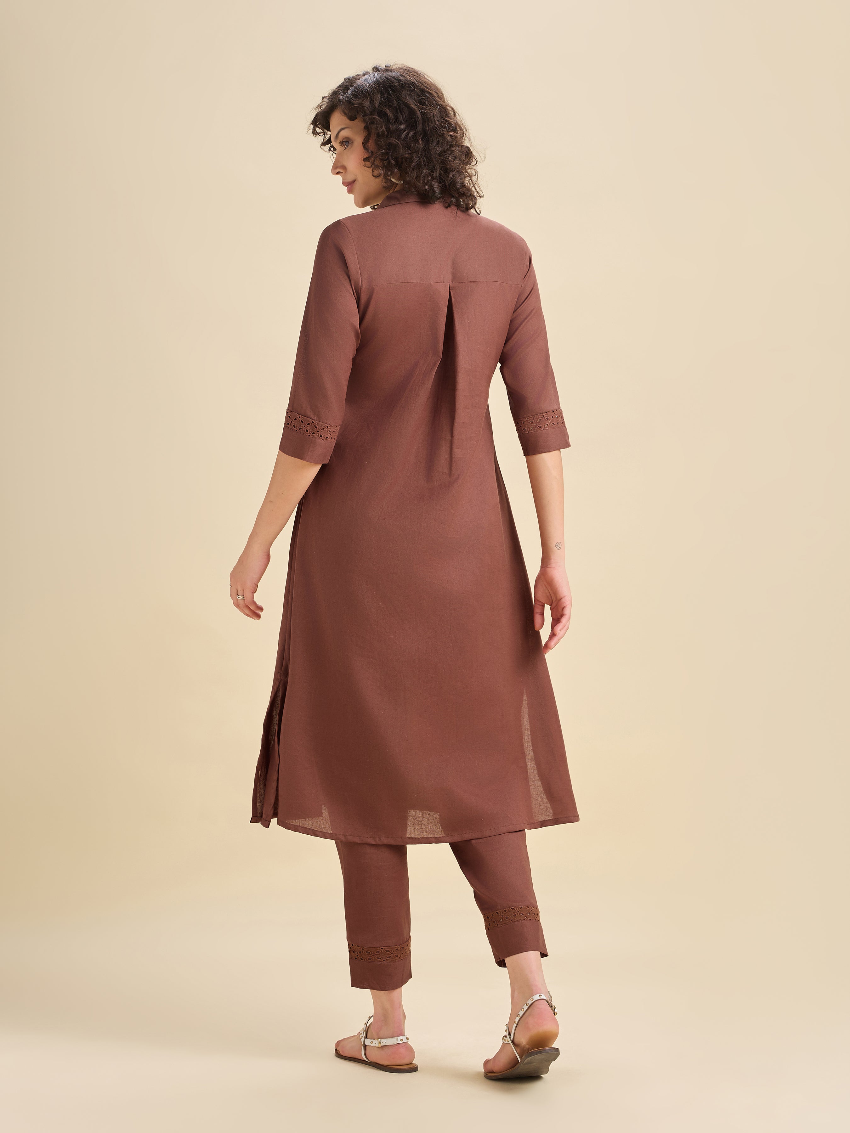 Brick Red Cotton Flax Flared Kurti Set