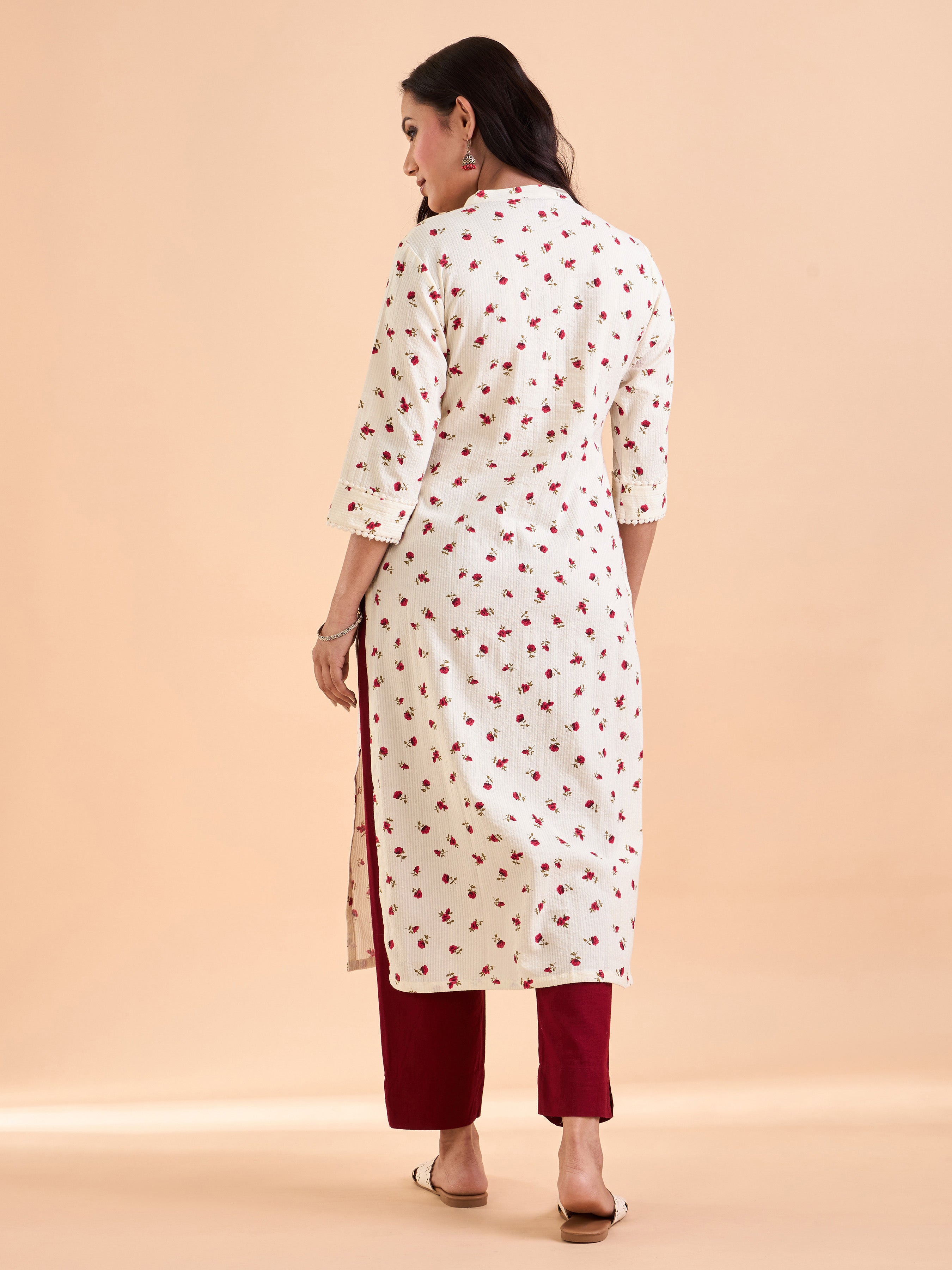 Ivory Pure Cotton Seersucker Printed Kurti With Lace