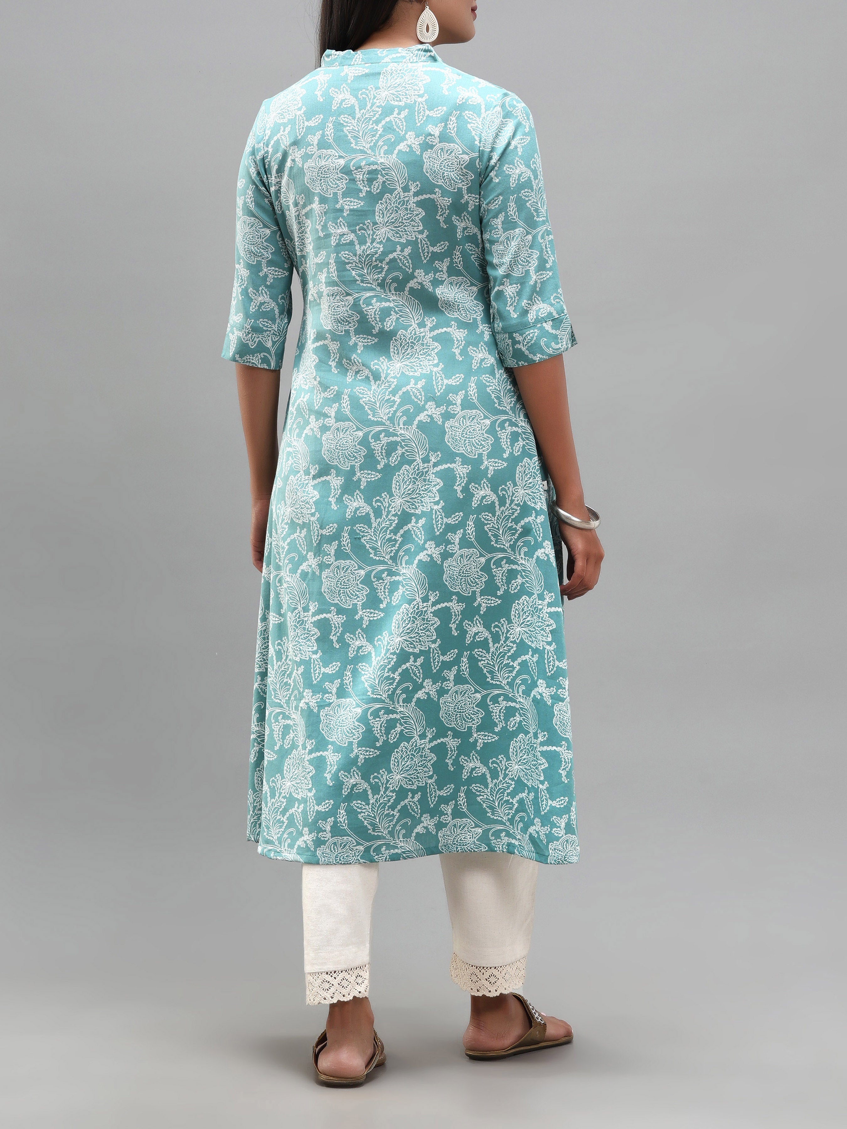 Women Wearing Teal Blue Cotton Flax Kurti With Print