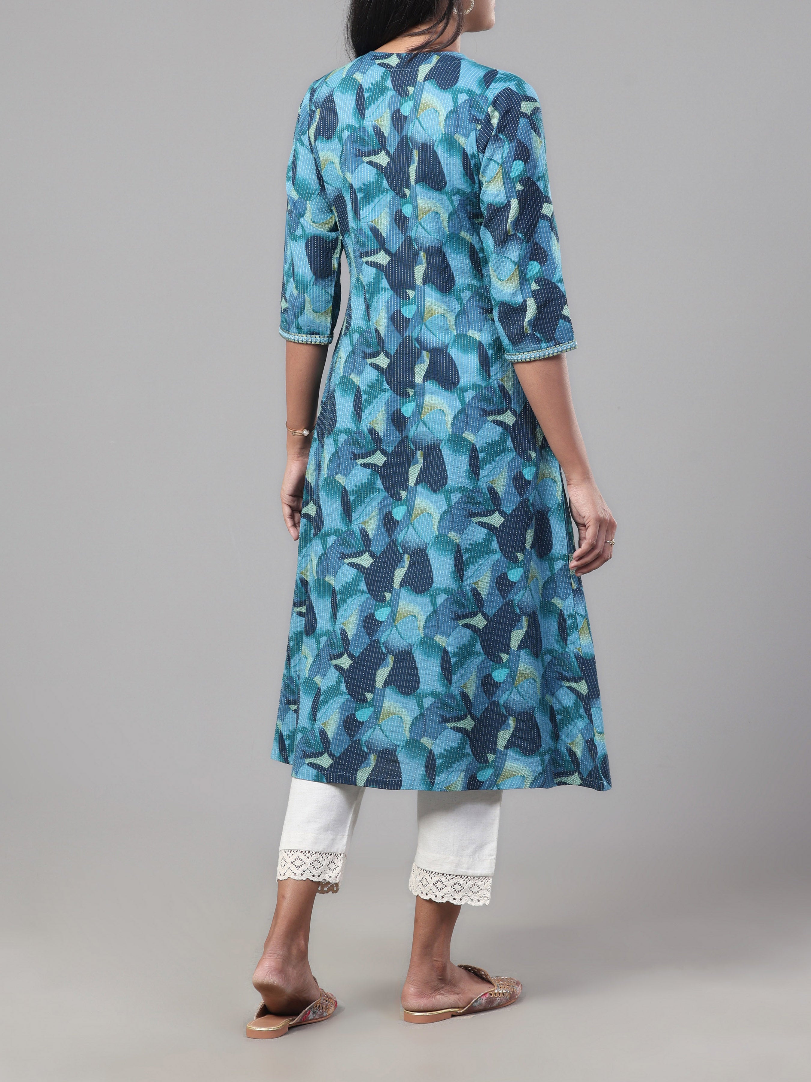 Multi Colour Pure Cotton Katha Printed Kurti