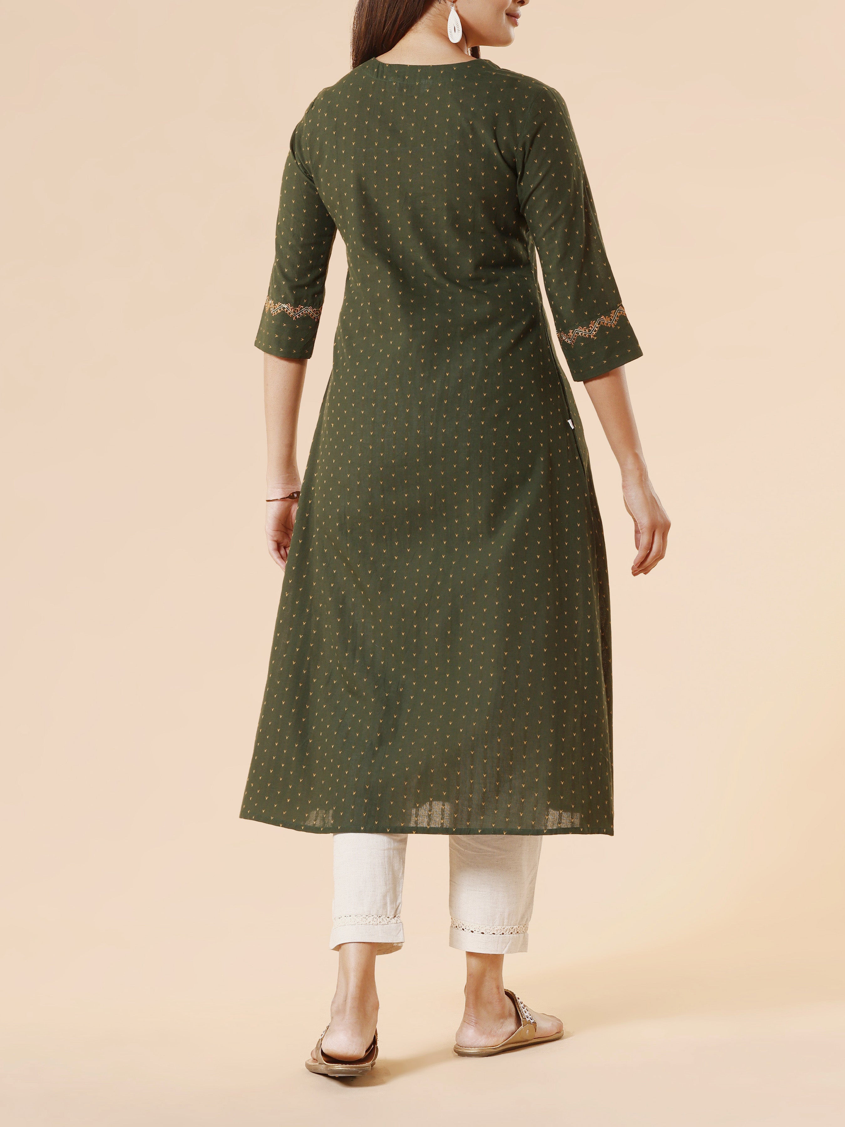 Bottle Green Cotton Dobby Kurti With Embroidery