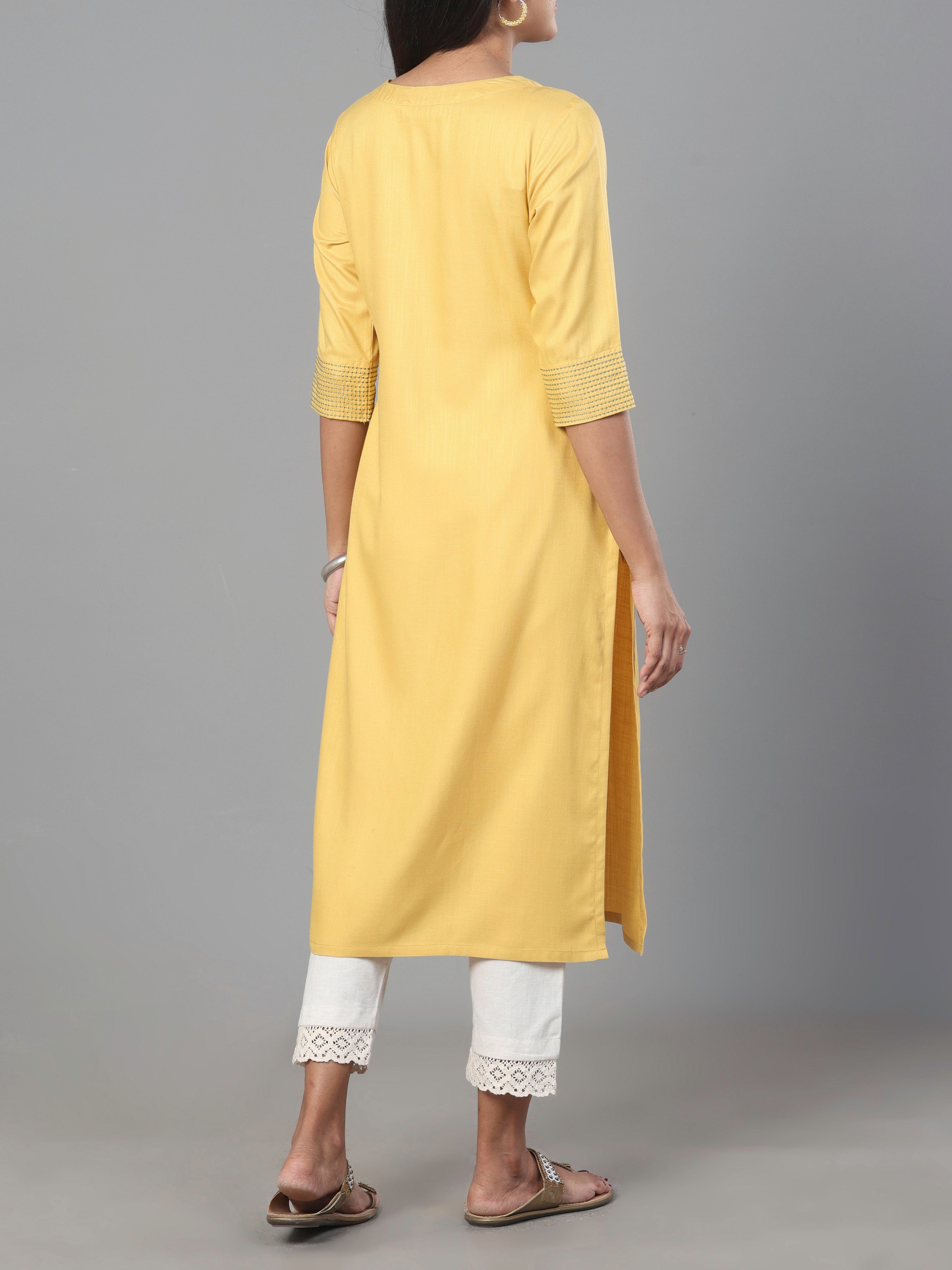 Yellow Viscose Twill Kurti With Embroidery