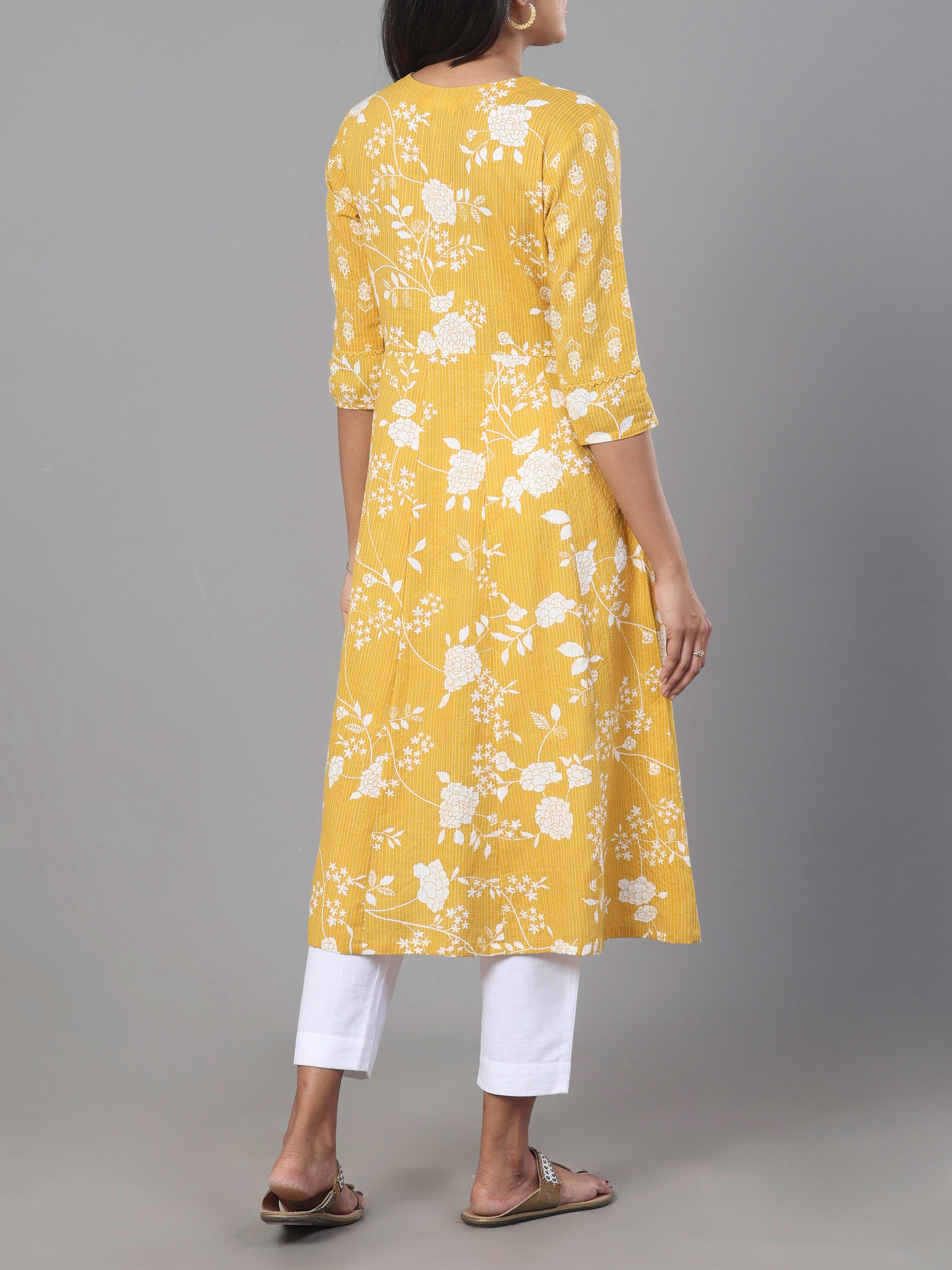 Mustard Yellow Pure Cotton Kurti With Embroidery