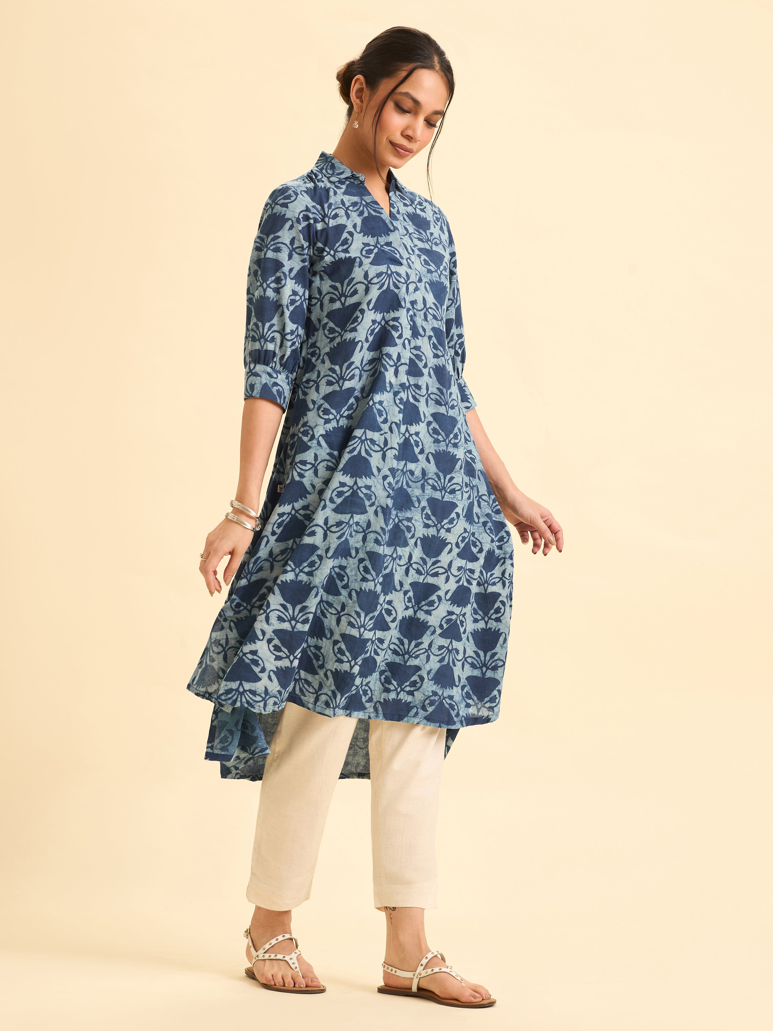 Indigo Cotton Printed Flared Kurti With Curved Hem