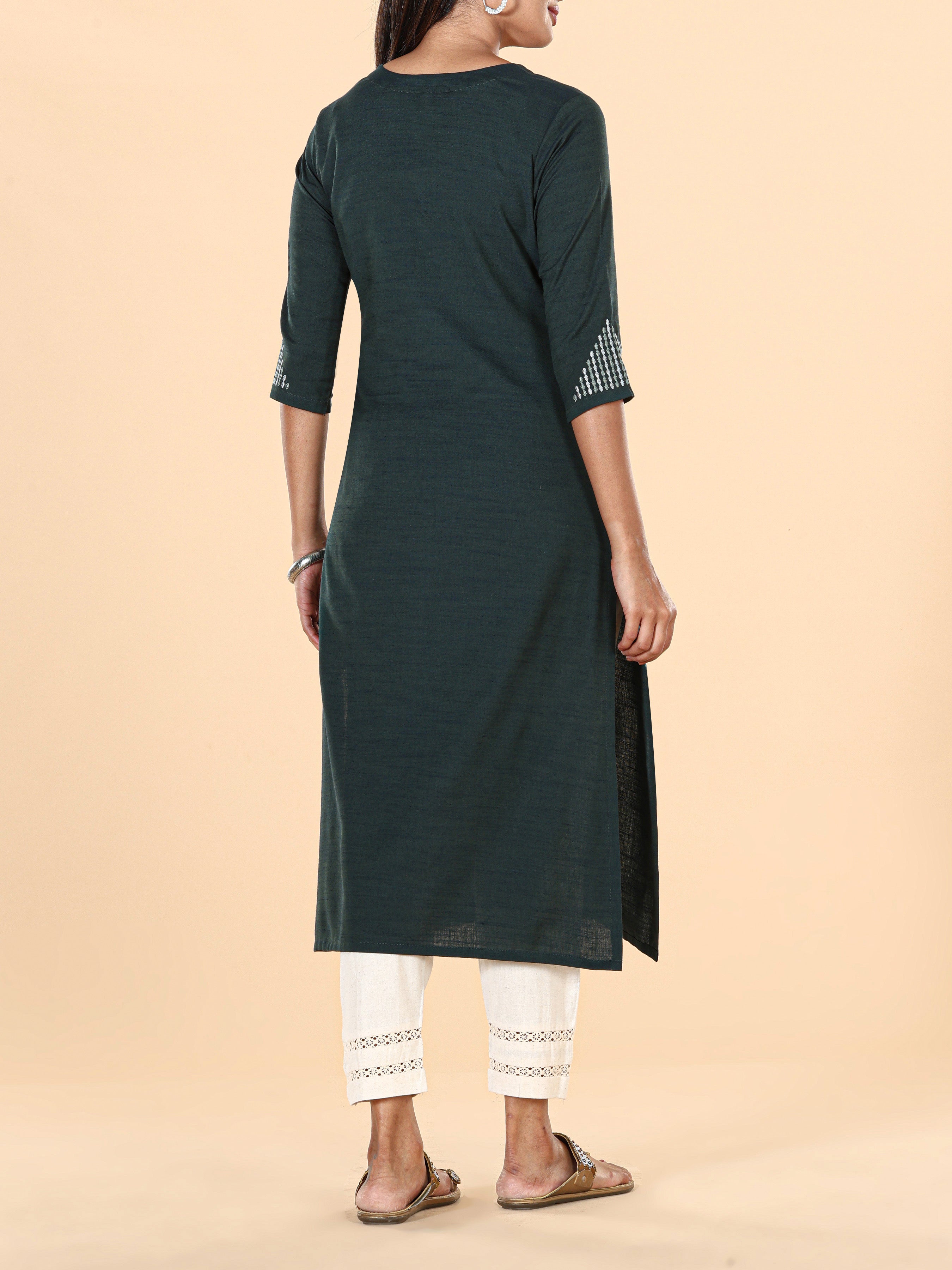 Teal Blue Viscose Cotton Kurti With Embroidery
