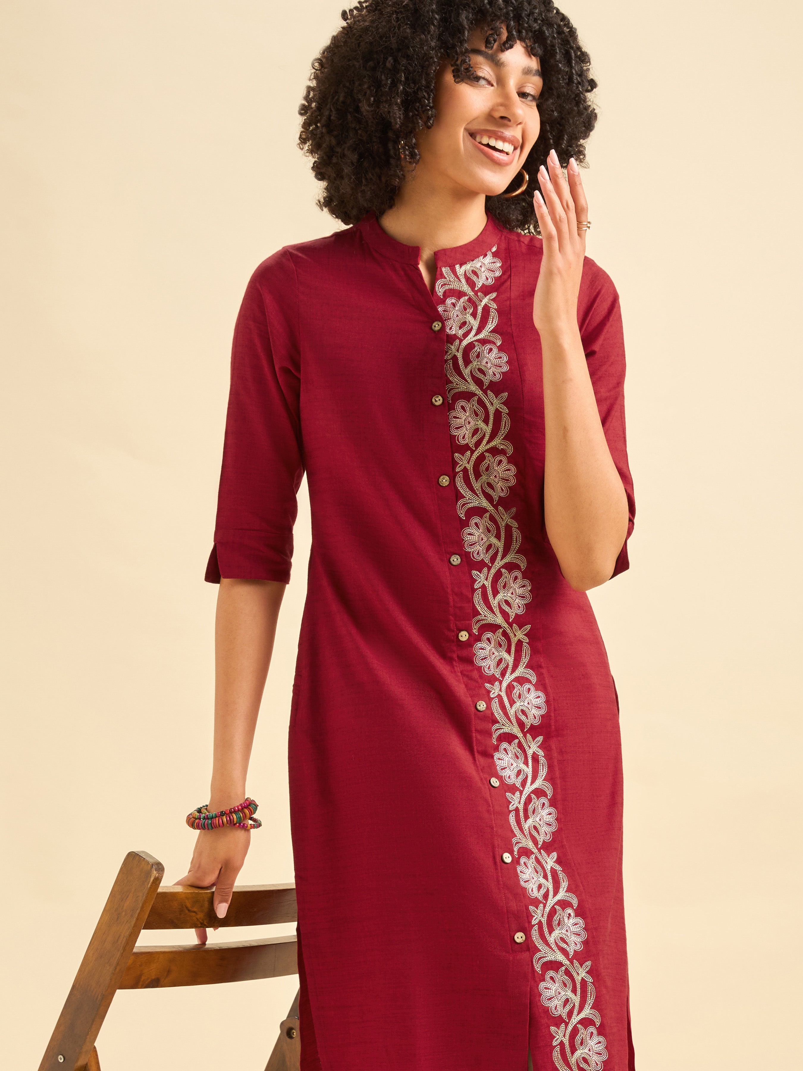Red Cotton Viscose Kurti With Embroidery