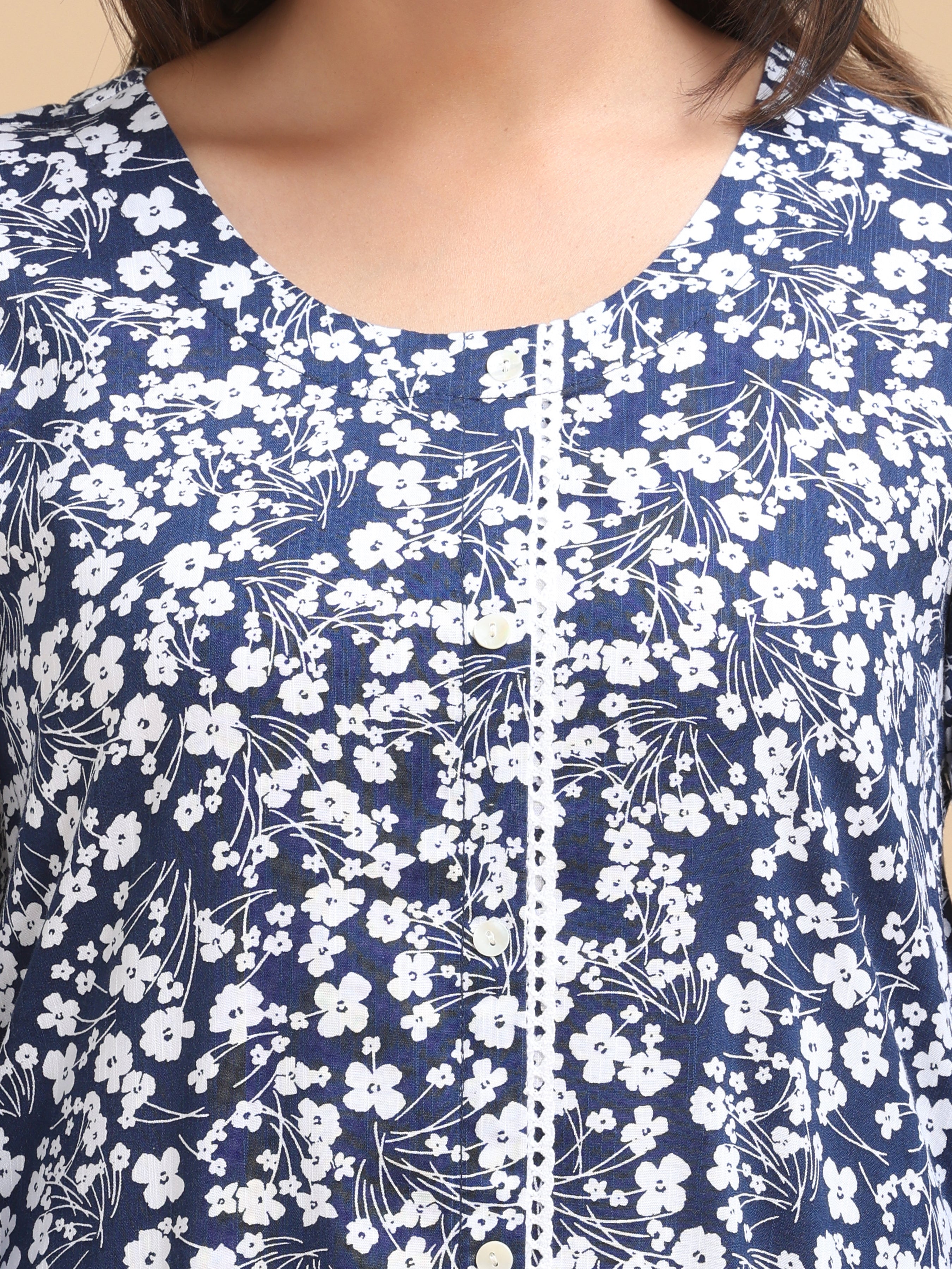 Midnight Blue Viscose Slub Kurti With Floral Print