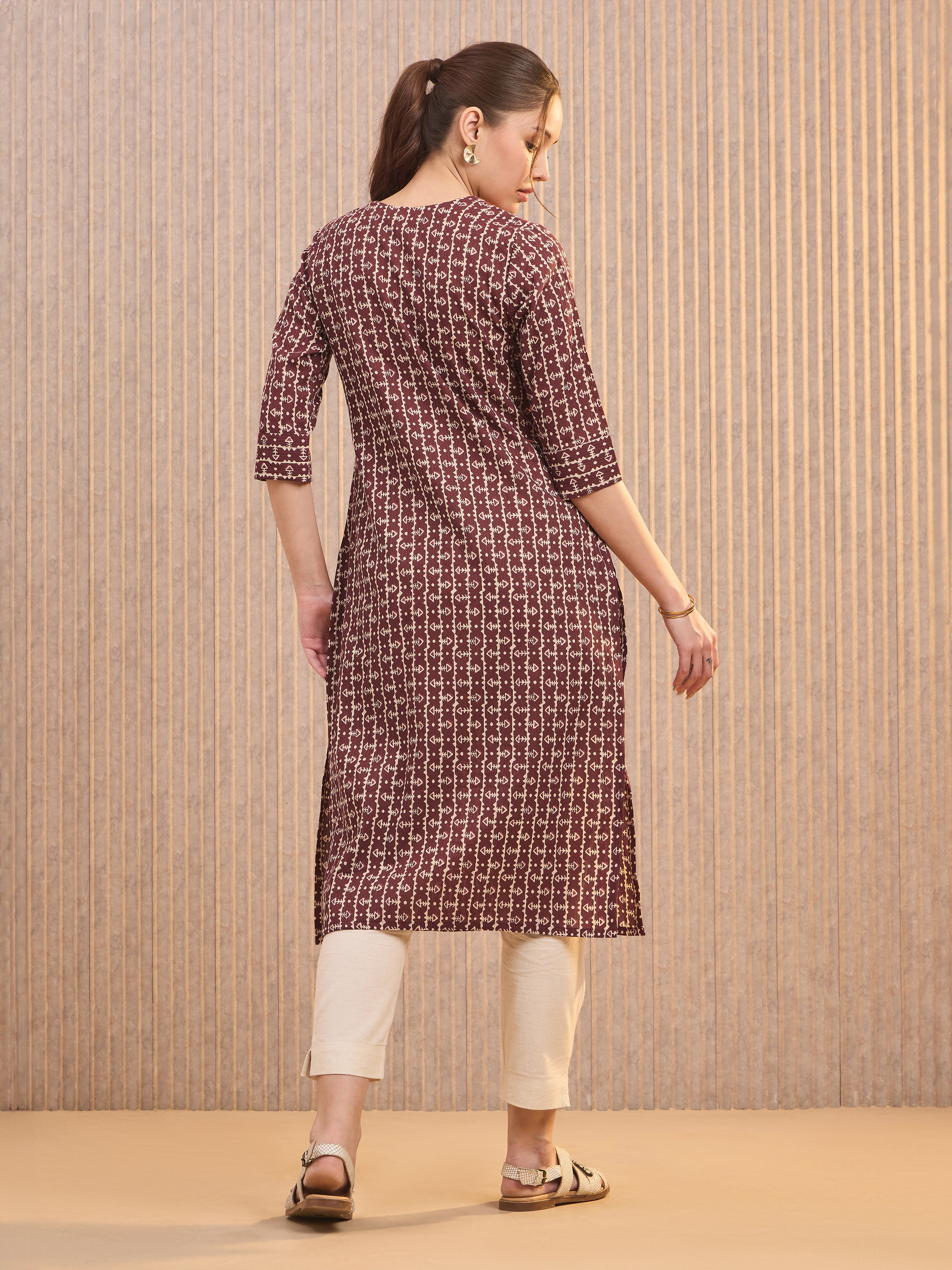Maroon Pure Cotton Printed Kurti With Lace&Sequins Work
