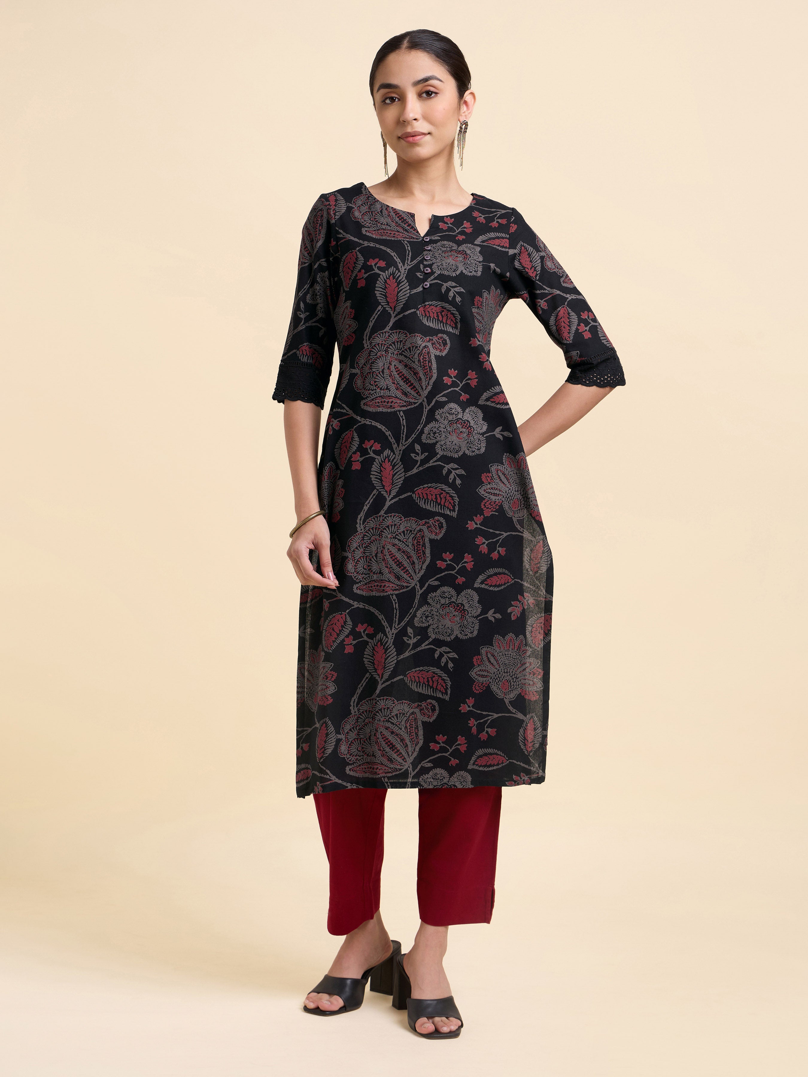 Black Multicolour Cotton Flax Printed Slitted Kurti With Lace