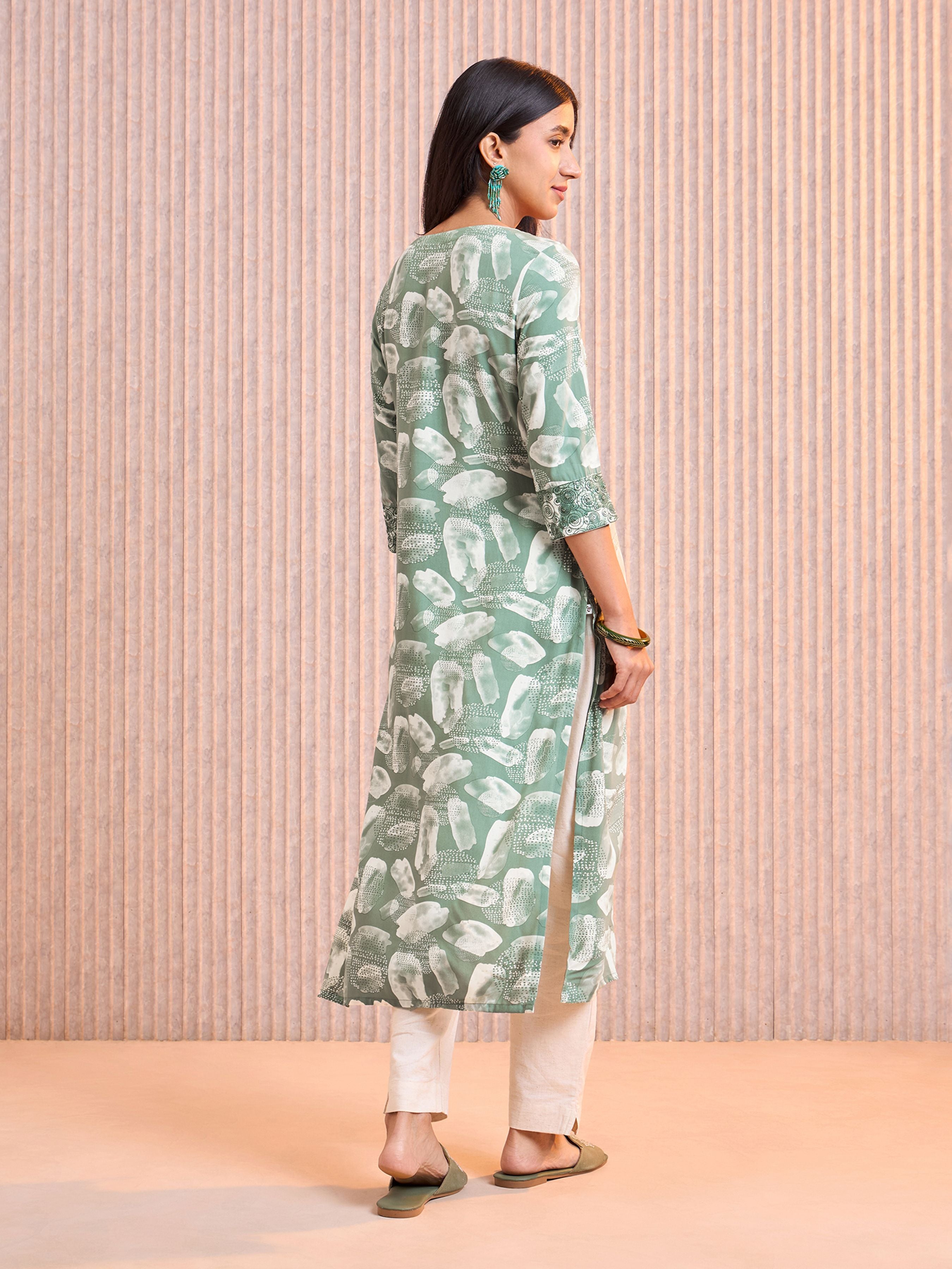 Olive Green Viscose Printed Kurti With Running Stitch Embroidery