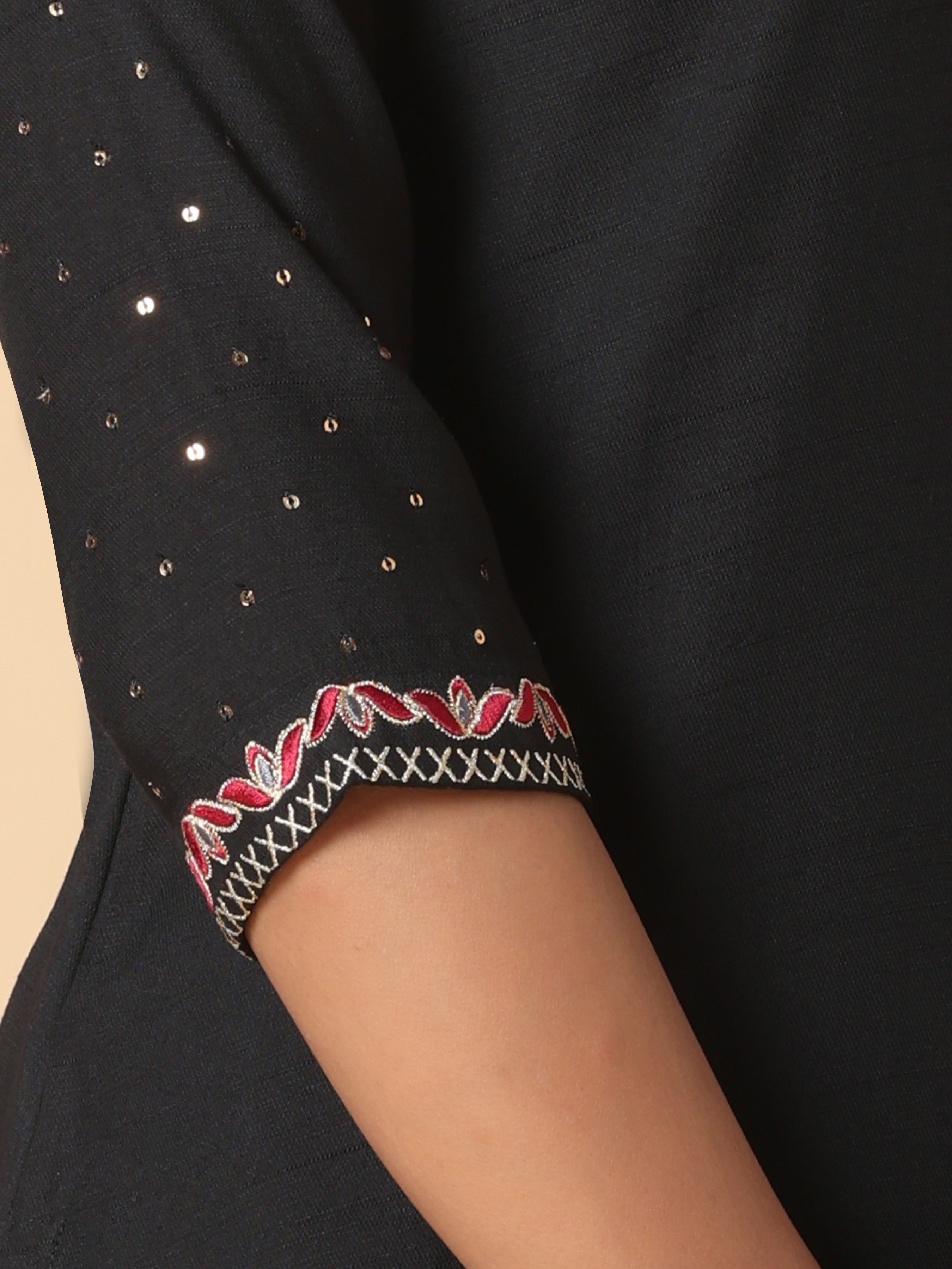 Black Viscose Plain Kurti With Embroidery