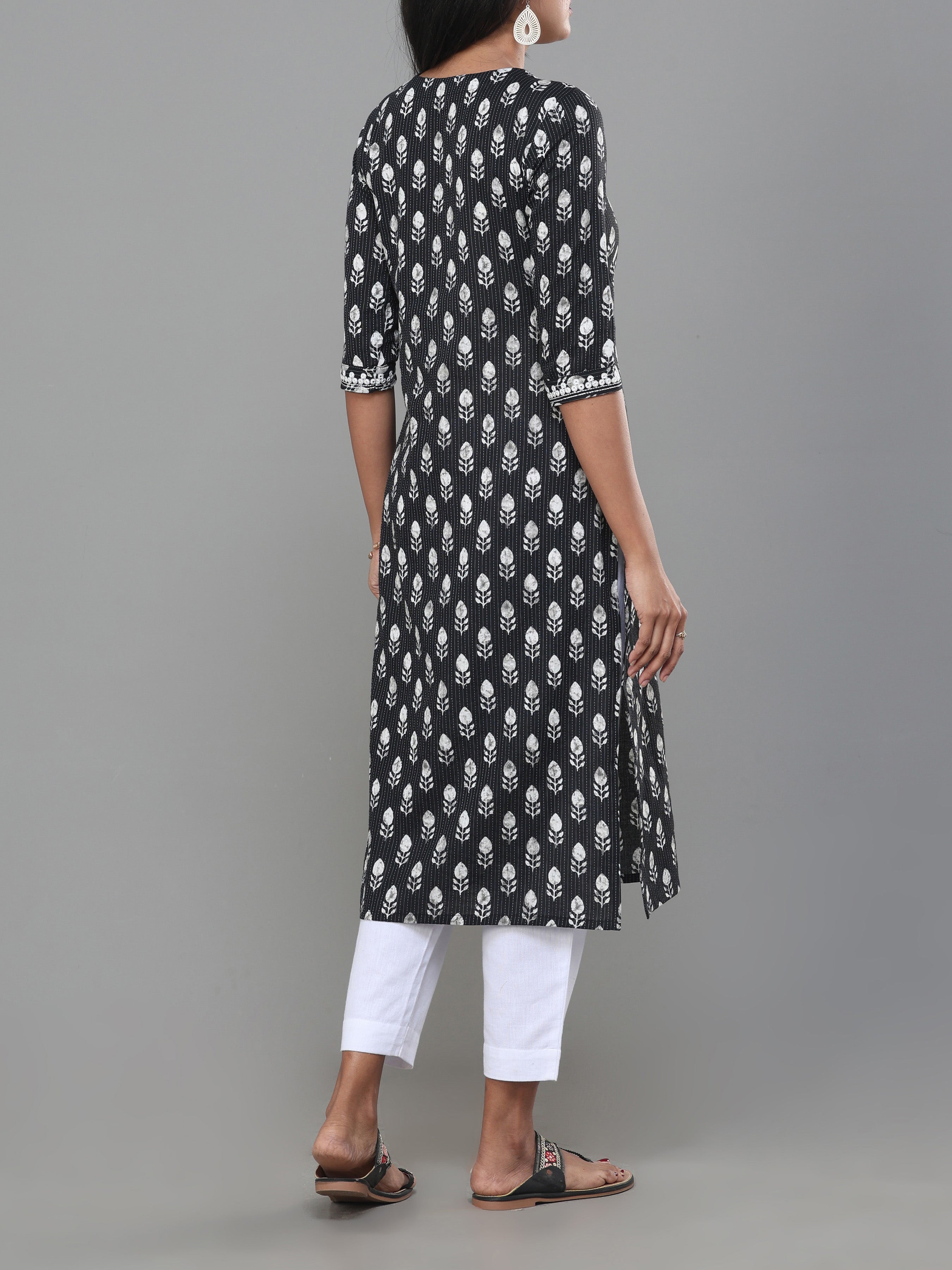 Black Cotton Dobby Printed Kurti With Embroidery