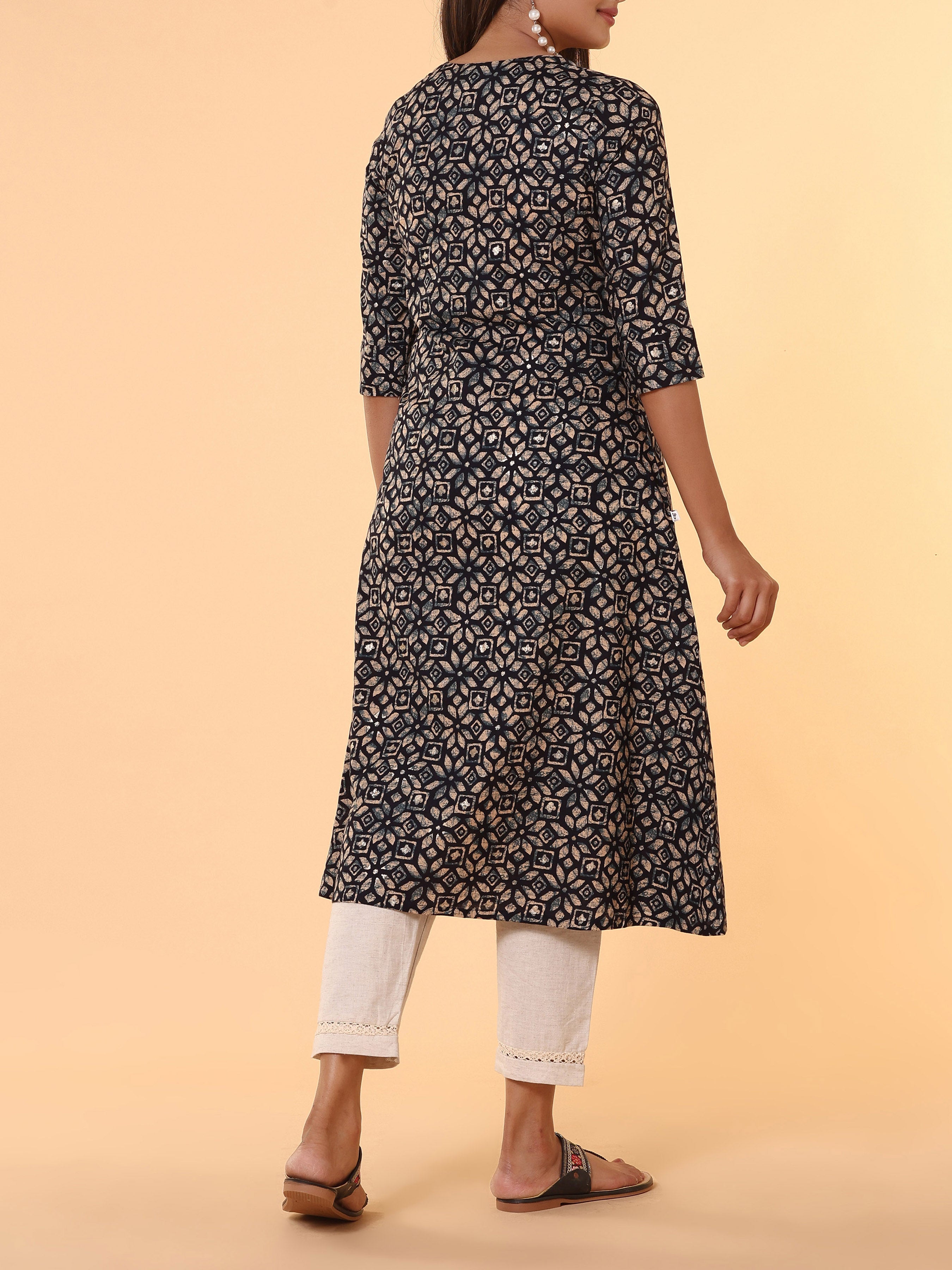 Navy Blue Pure Cotton Printed Kurti With Embroidery