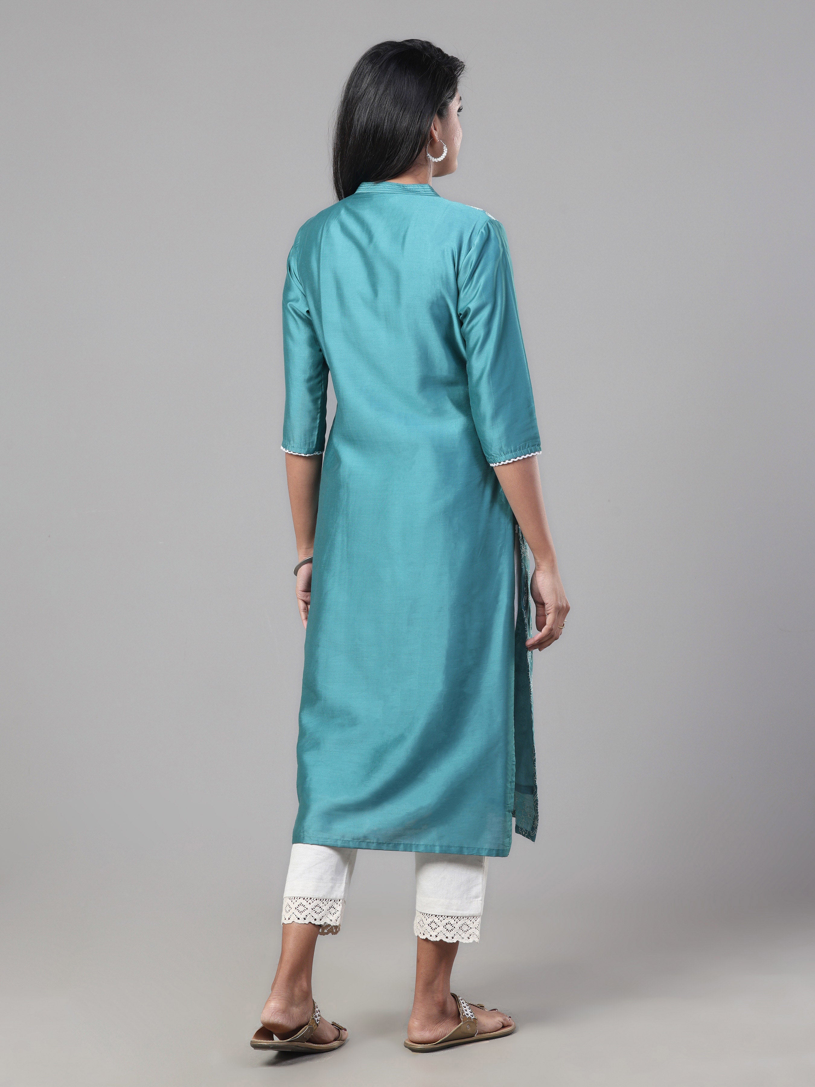 Aqua Blue Poly Viscose Kurti With Embroidery