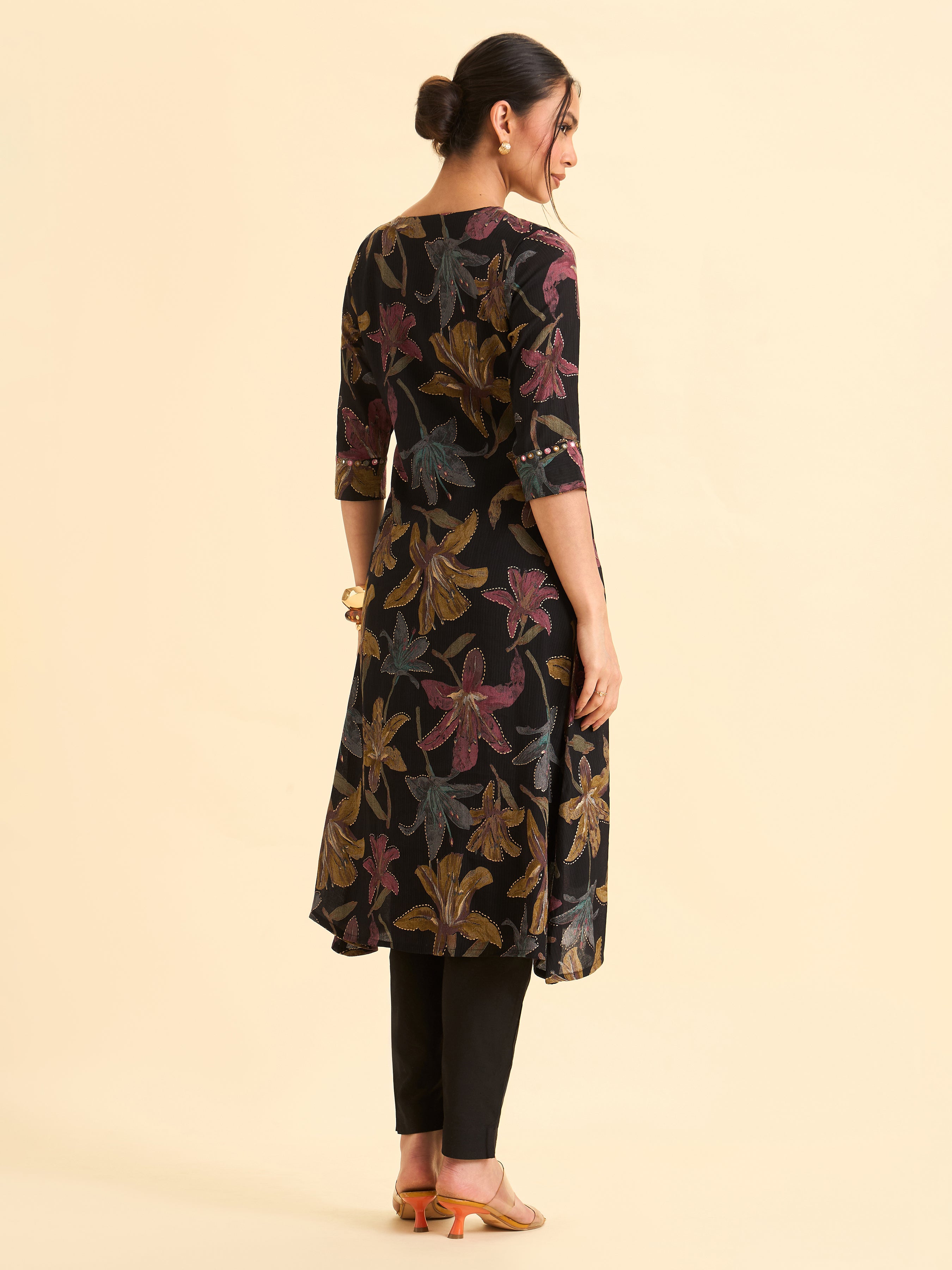 Black Viscose Blend Multi Colour Printed Flared Kurti With Mirror Work