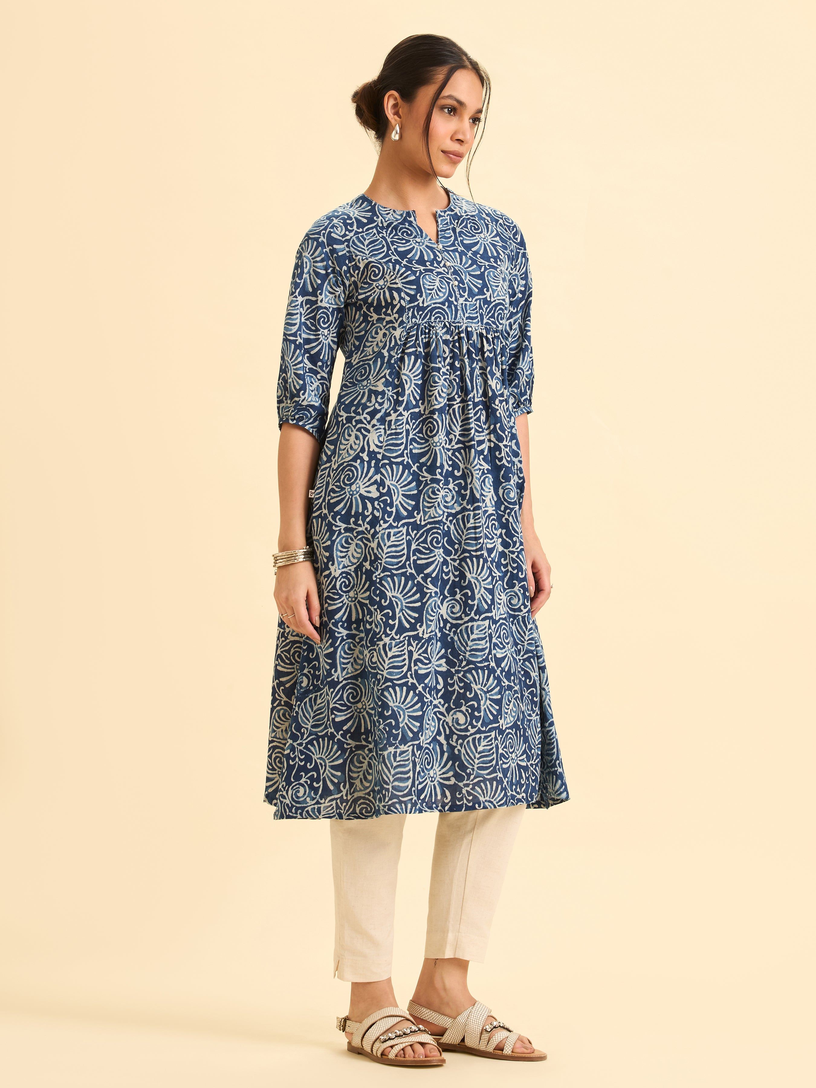Indigo Pure Cotton Printed Flared Kurti With Sequins Work